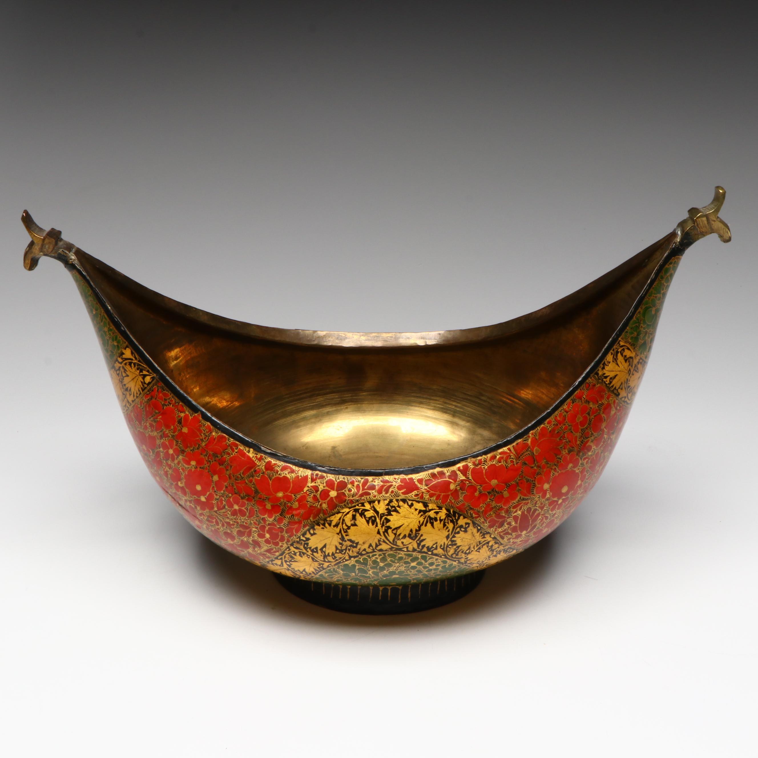 Kashmiri Lacquered Brass Beggar's Bowl and Bell with Armored Horse Figurine