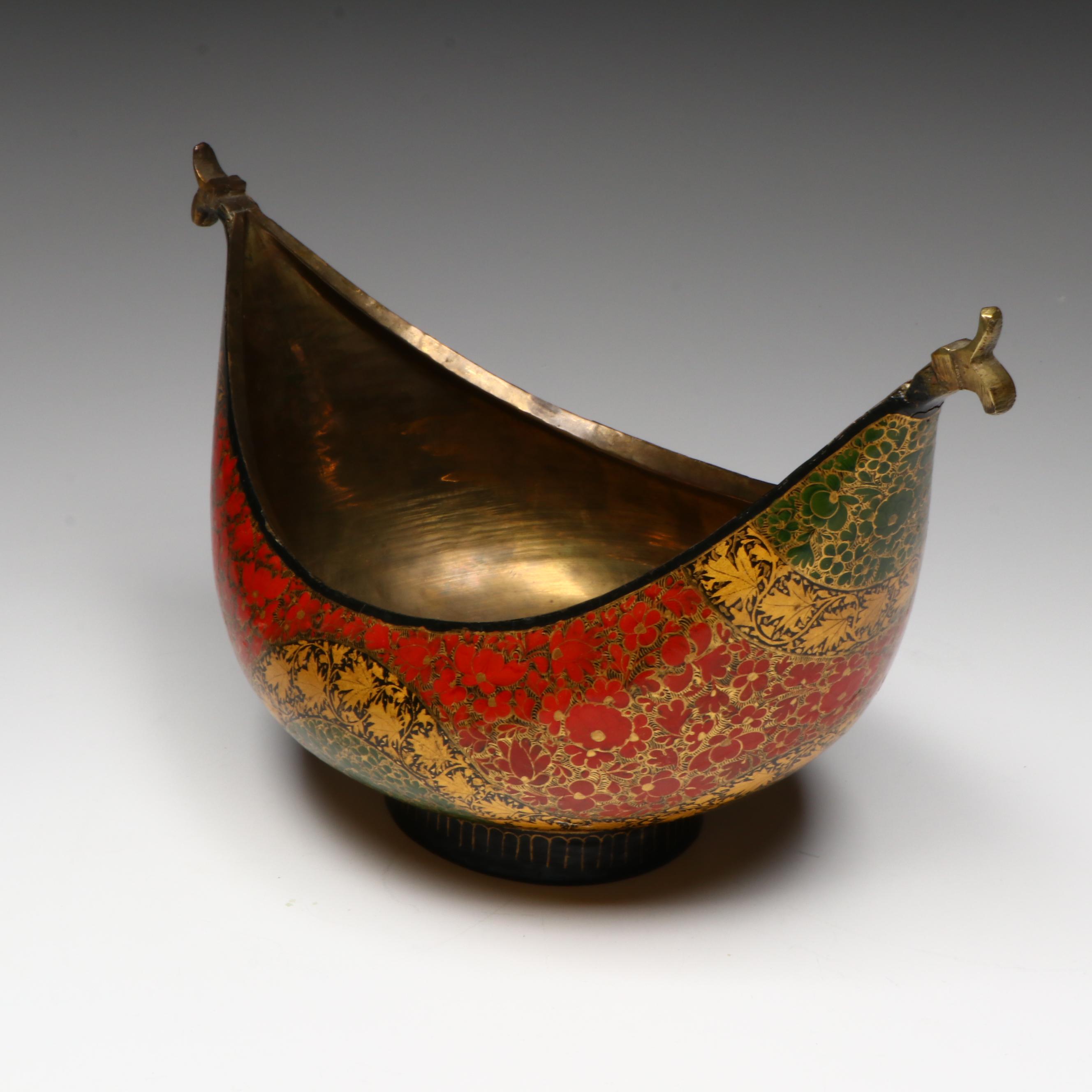 Kashmiri Lacquered Brass Beggar's Bowl and Bell with Armored Horse Figurine