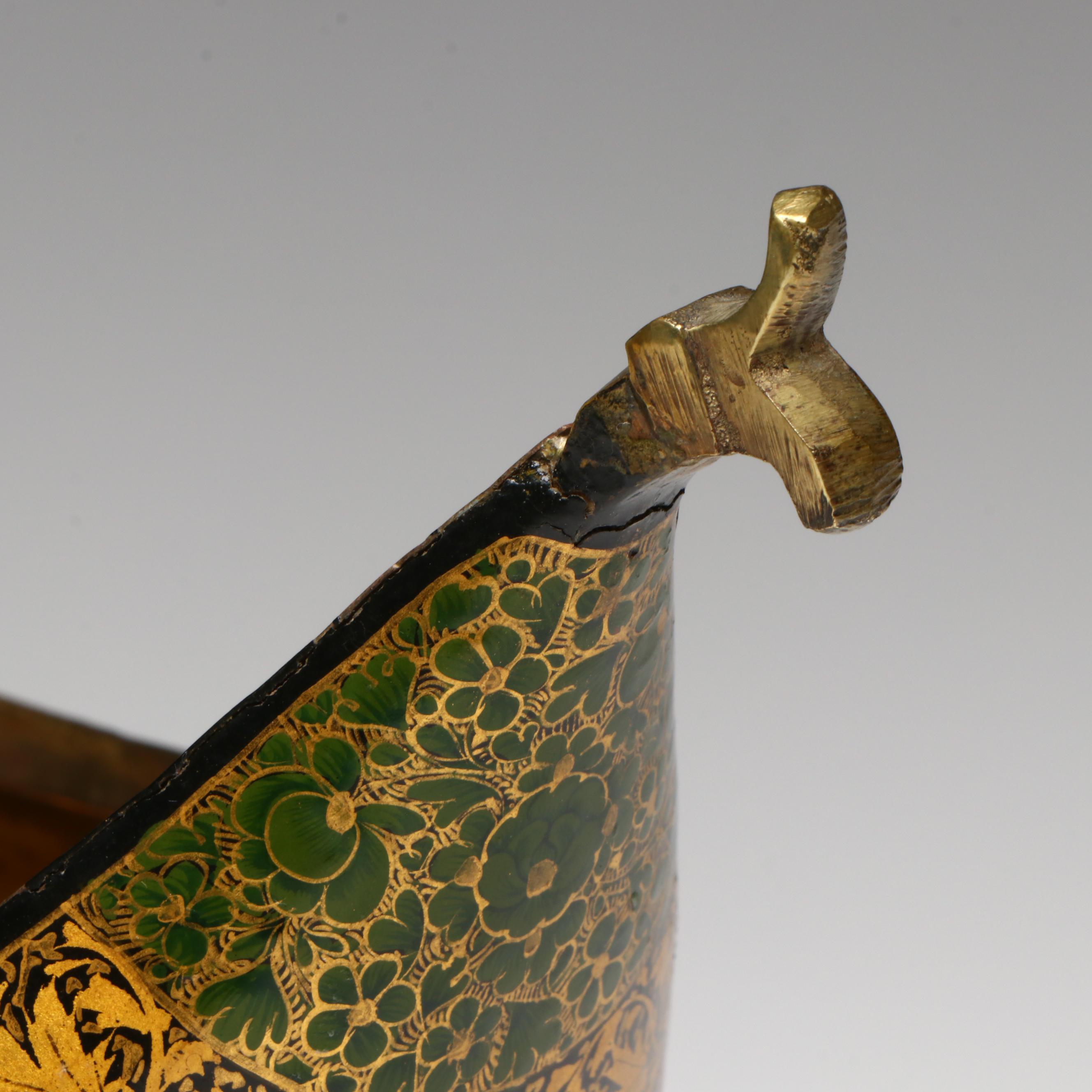 Kashmiri Lacquered Brass Beggar's Bowl and Bell with Armored Horse Figurine