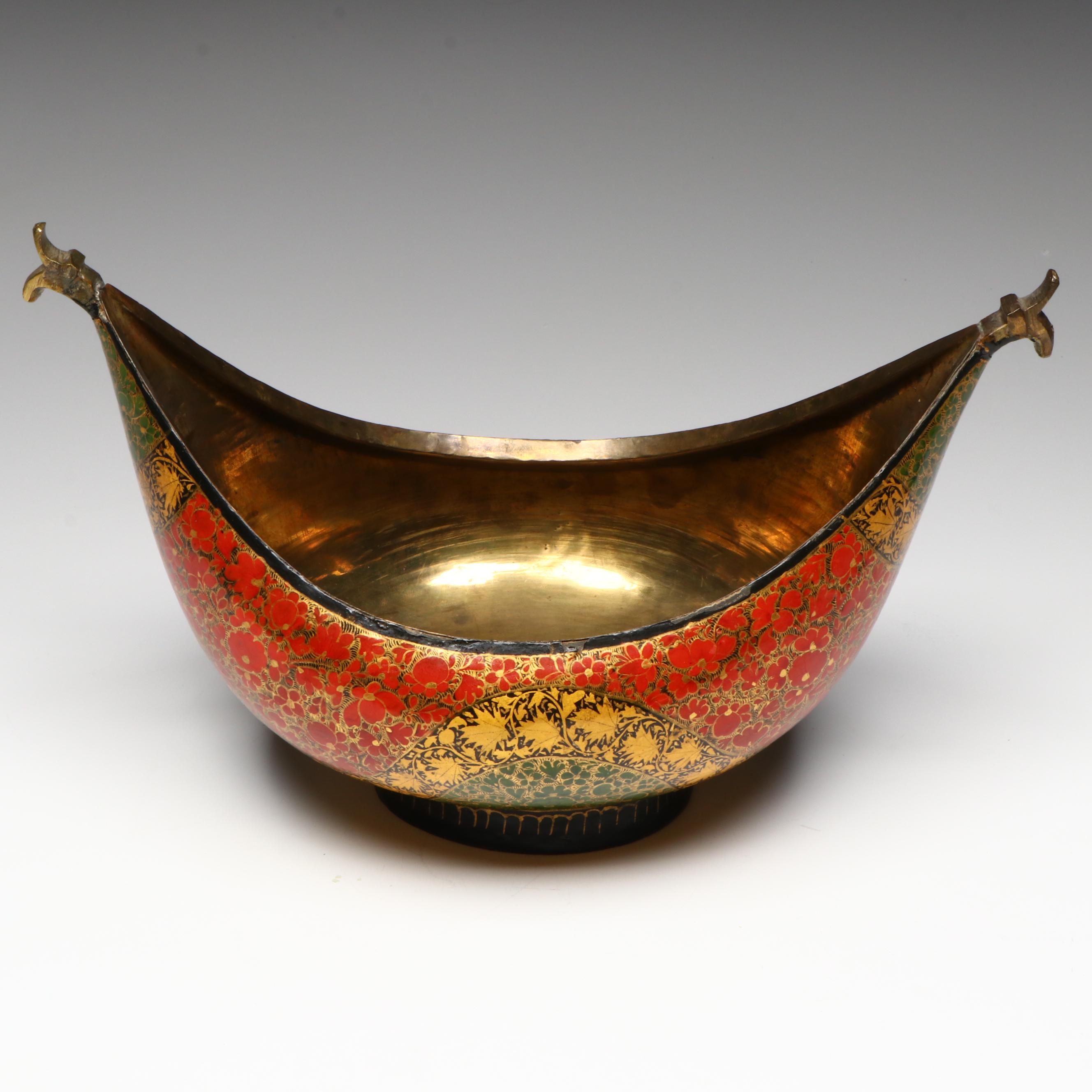 Kashmiri Lacquered Brass Beggar's Bowl and Bell with Armored Horse Figurine