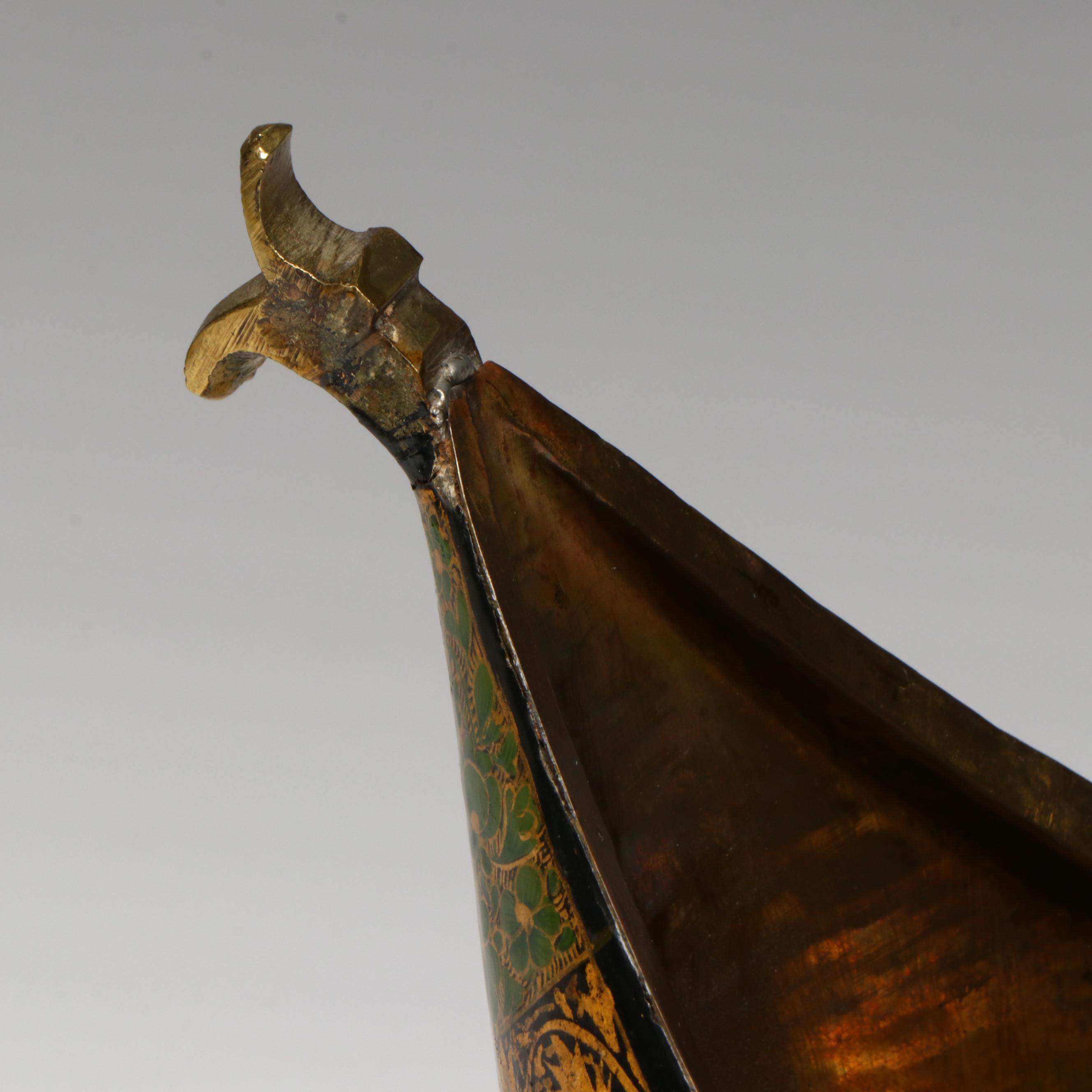 Kashmiri Lacquered Brass Beggar's Bowl and Bell with Armored Horse Figurine