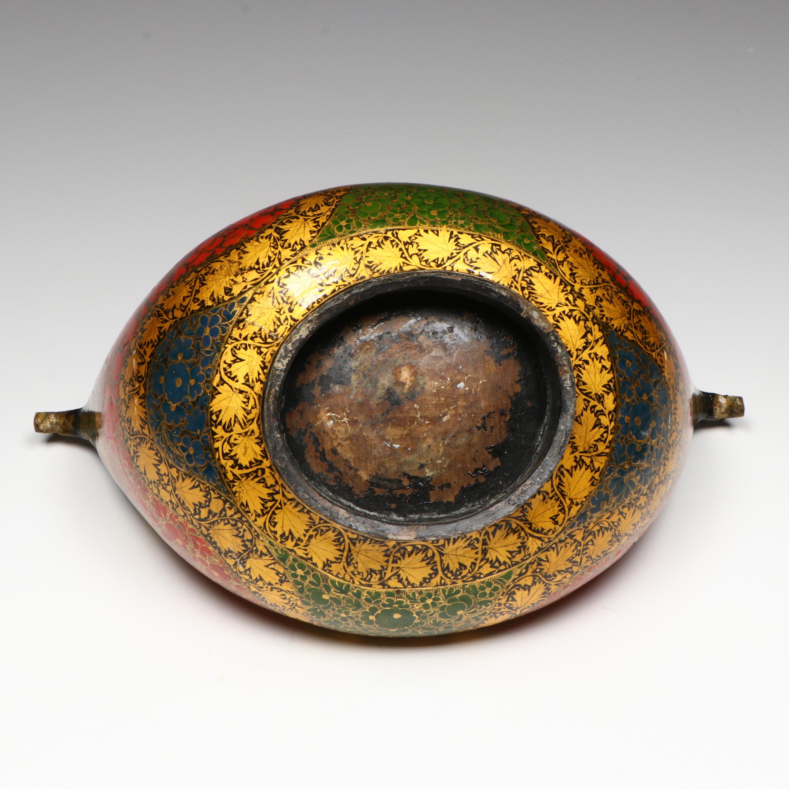 Kashmiri Lacquered Brass Beggar's Bowl and Bell with Armored Horse Figurine