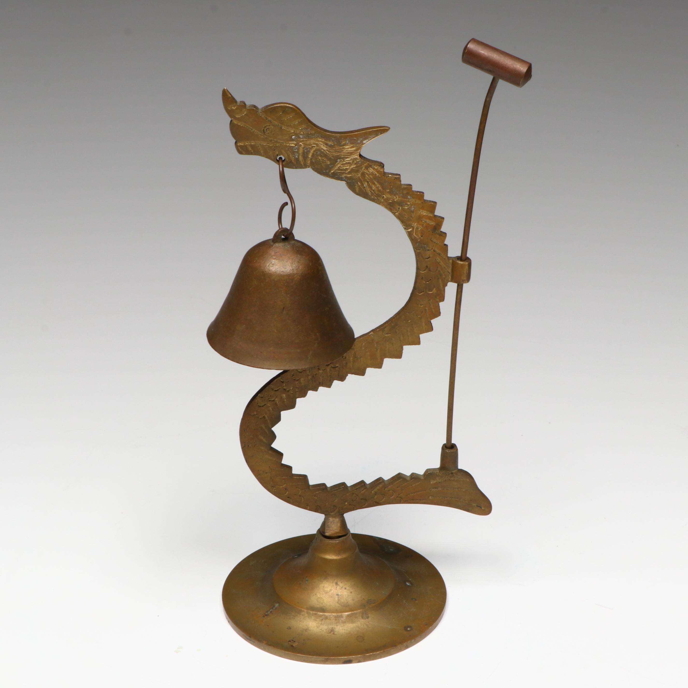 Kashmiri Lacquered Brass Beggar's Bowl and Bell with Armored Horse Figurine