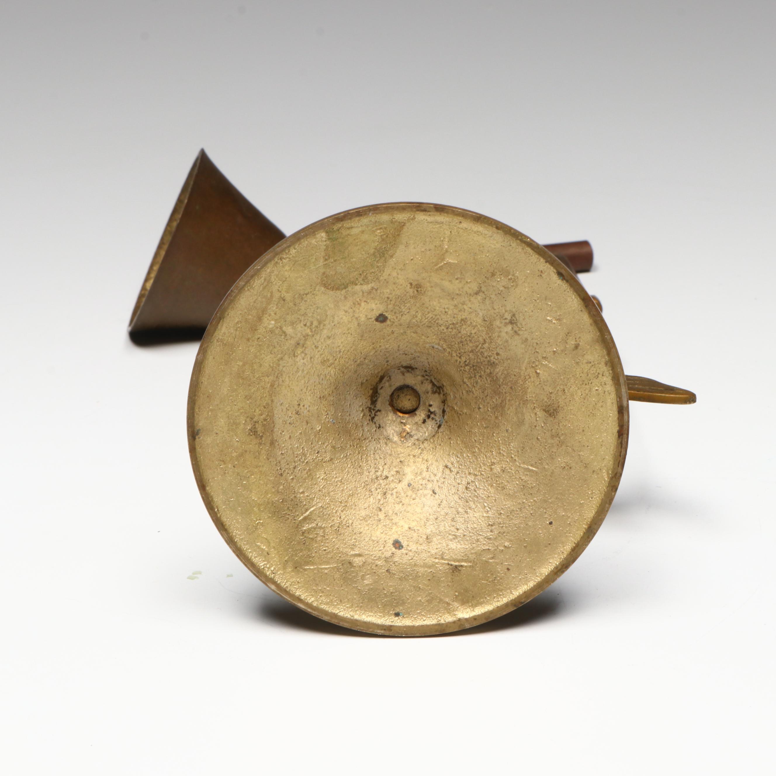 Kashmiri Lacquered Brass Beggar's Bowl and Bell with Armored Horse Figurine