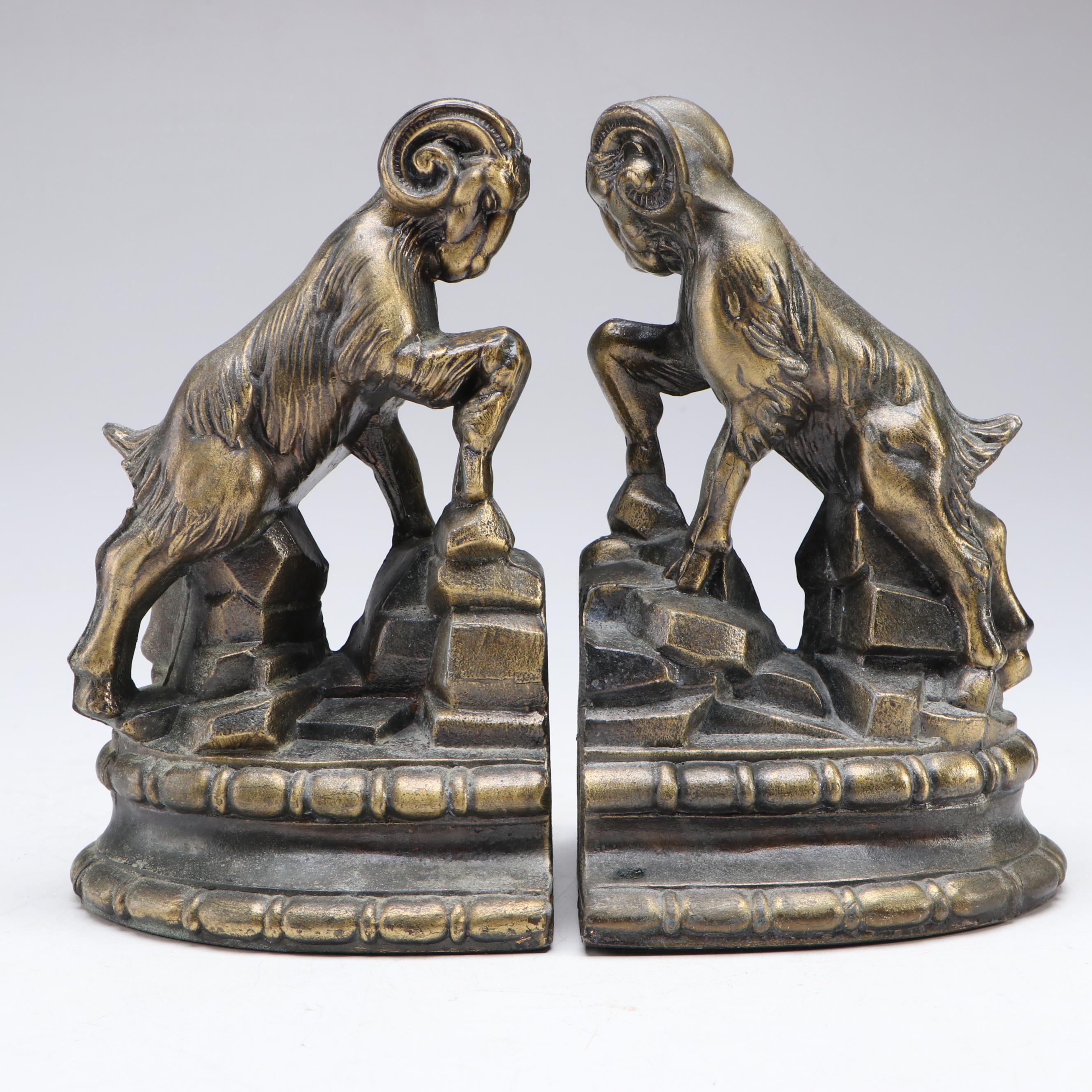 S.C.C. Brass Veneer Bighorn Ram Bookends, 1974