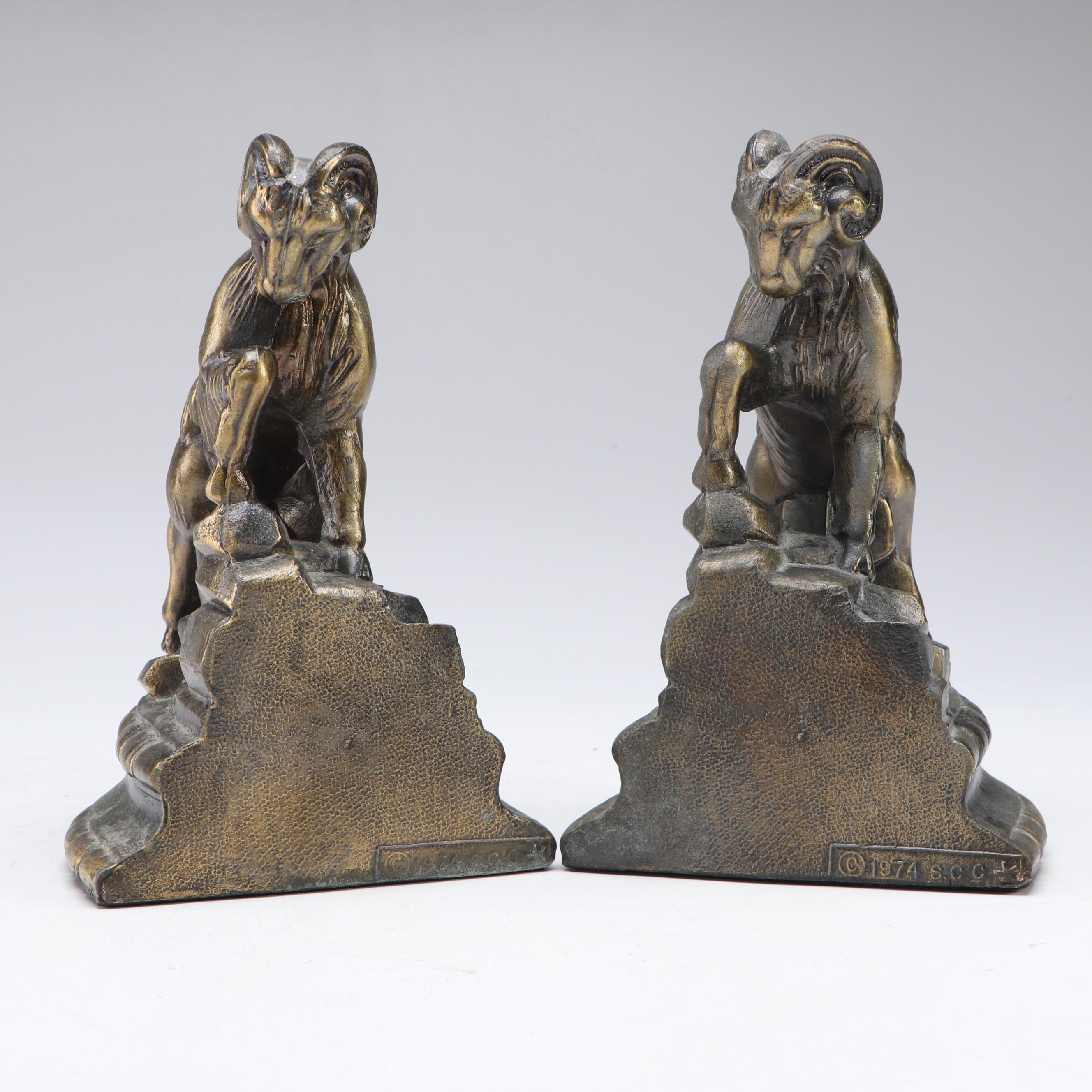 S.C.C. Brass Veneer Bighorn Ram Bookends, 1974