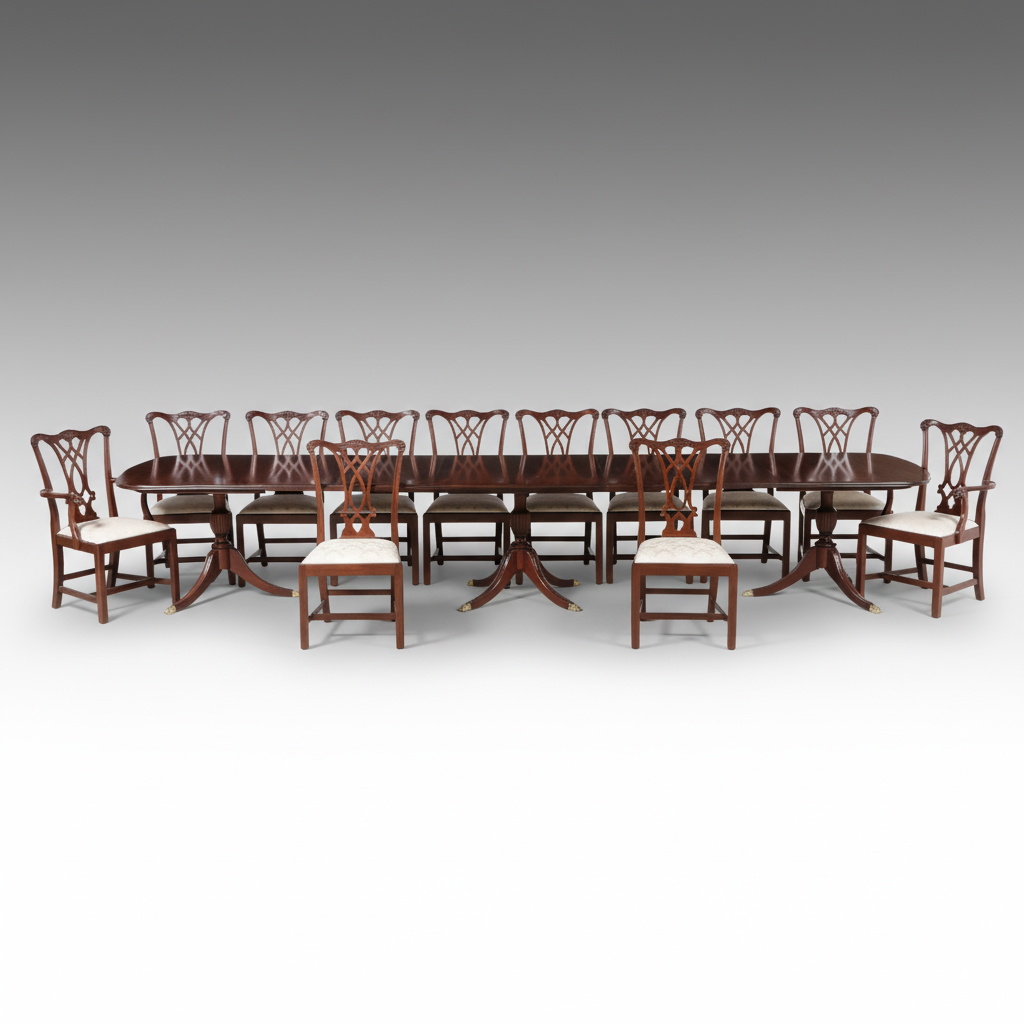 Thirteen-Piece Mahogany Dining Set with Henkel-Harris Chippendale Style Chairs