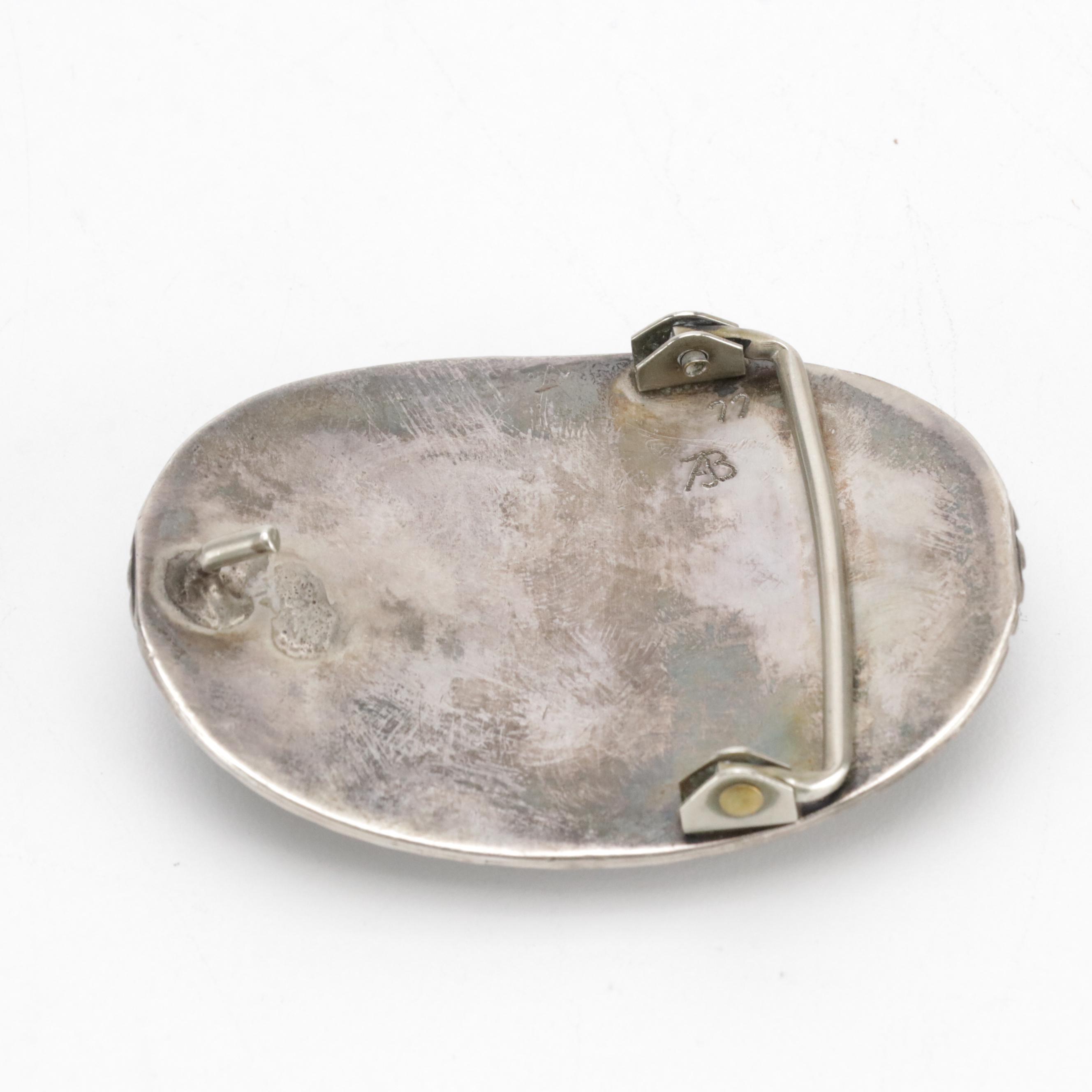 AB Signed Southwestern Silver and Turquoise Belt Buckle