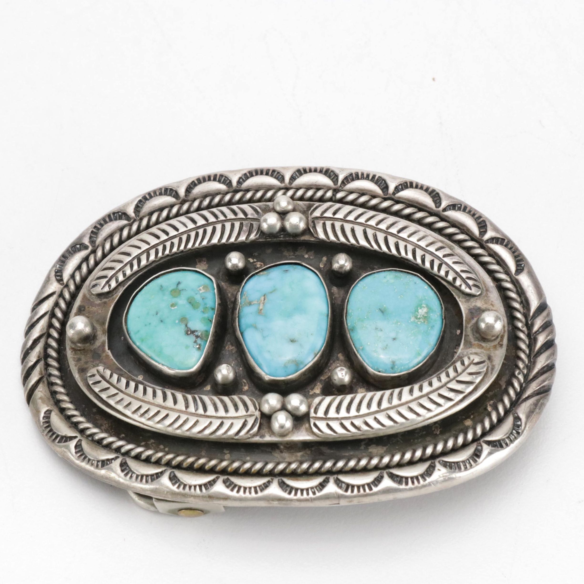AB Signed Southwestern Silver and Turquoise Belt Buckle