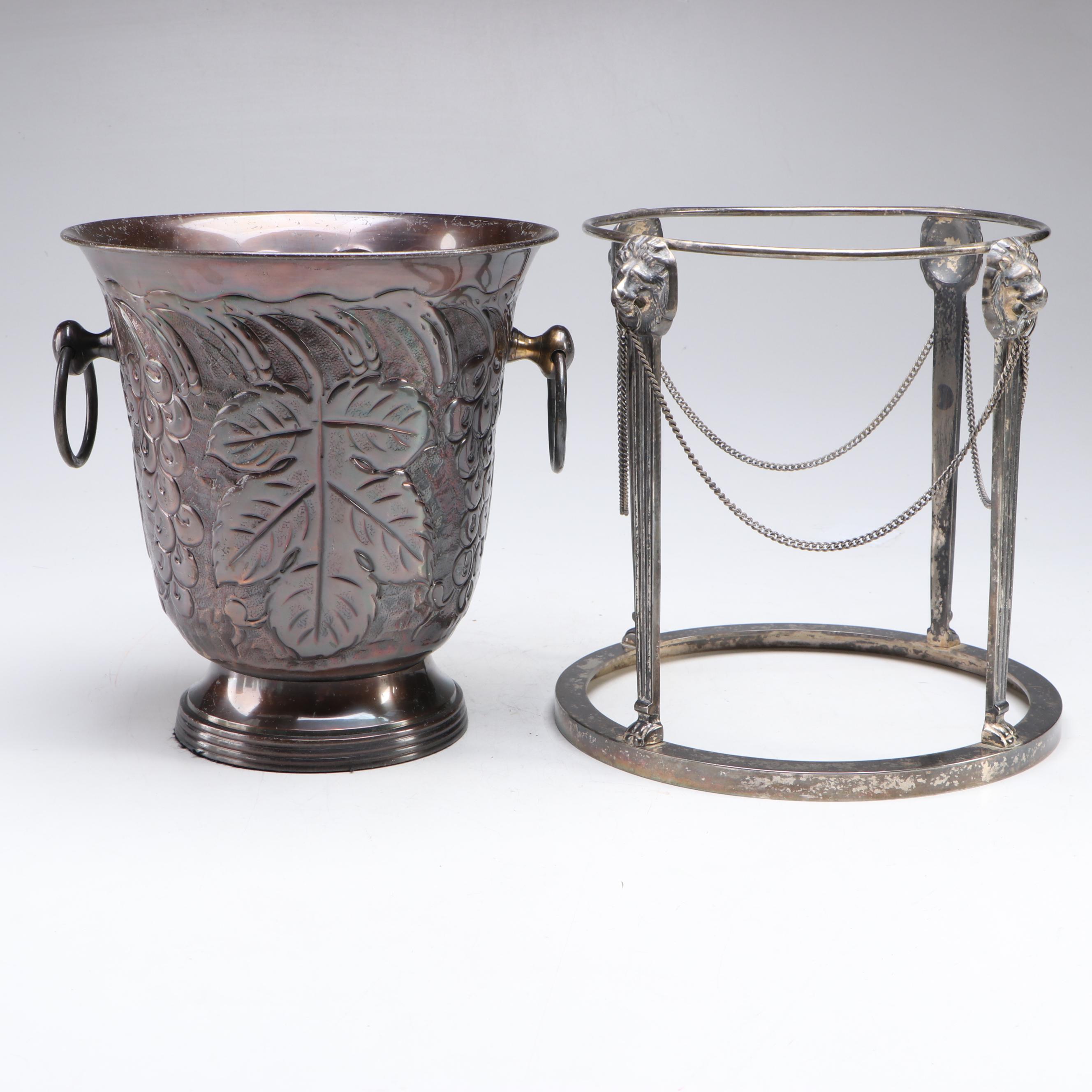 Grapevine Pattern Metal Ice Bucket and Lion's Head Stand