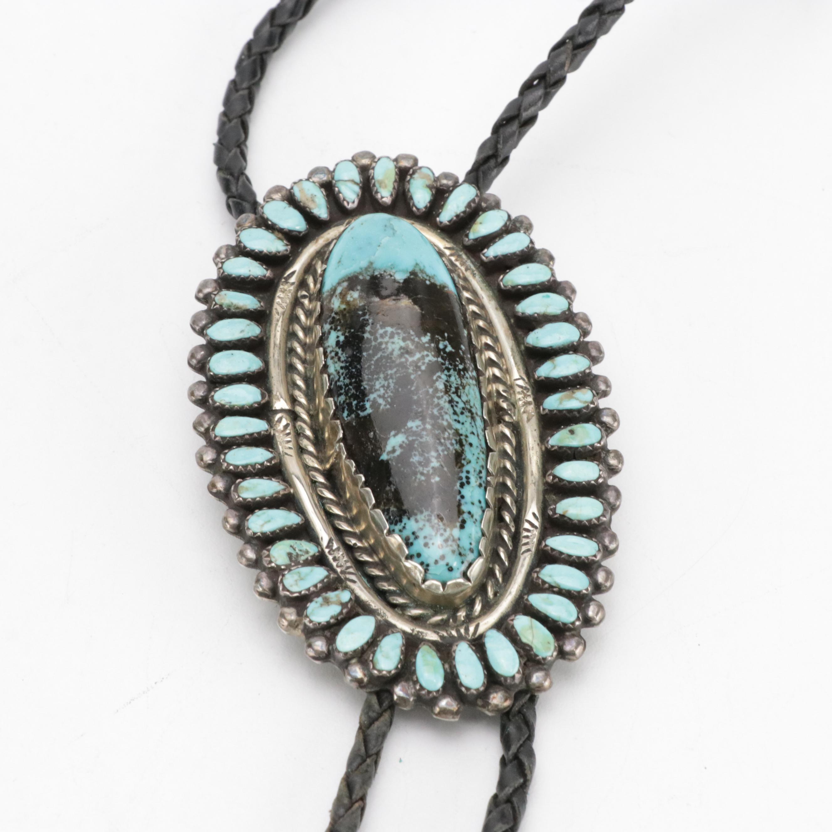 Southwestern Silver and Turquoise Braided Leather Bolo