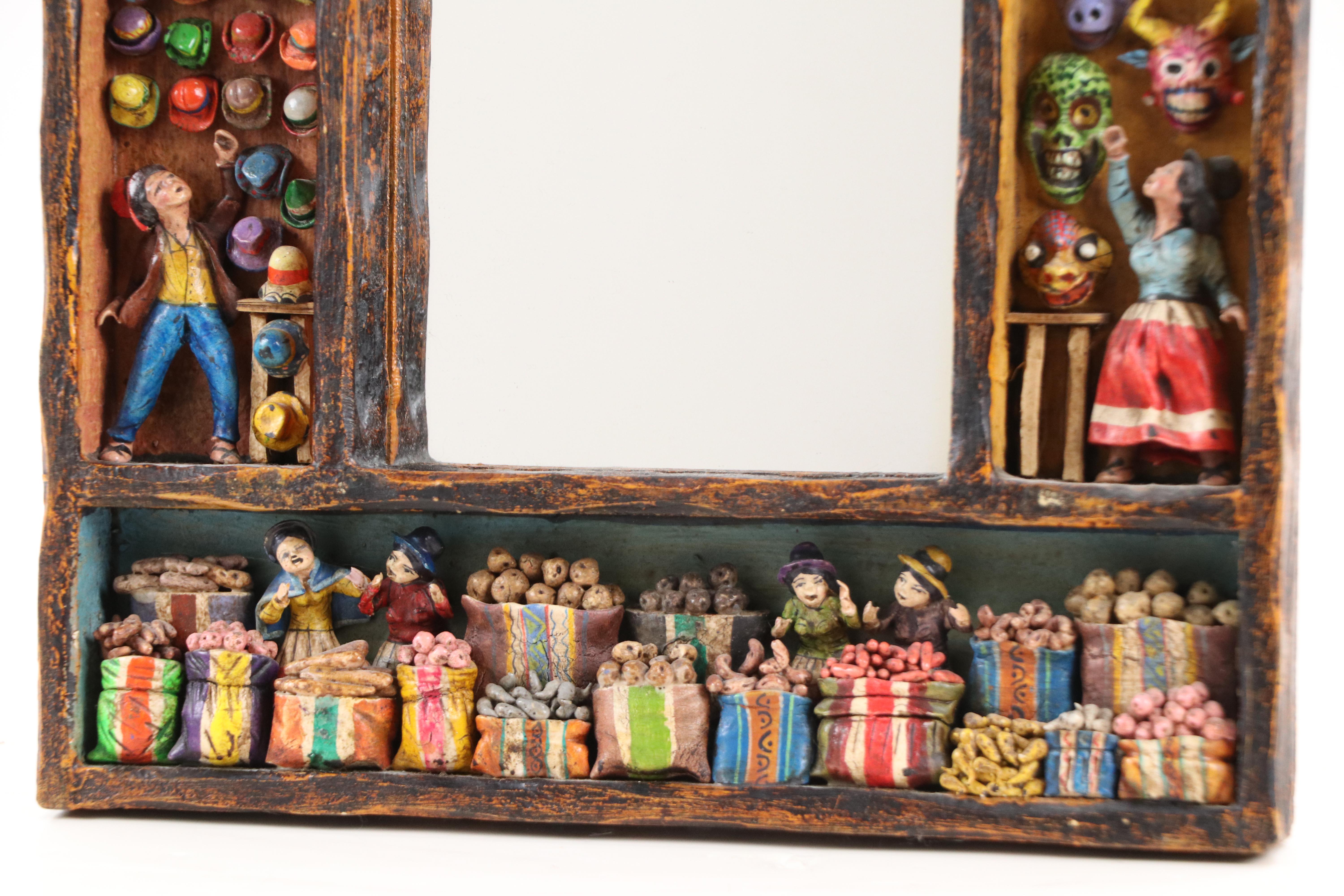 Eleudora & Mabilon Jimenez Peruvian Folk Art Retablo Mirror with Figurines