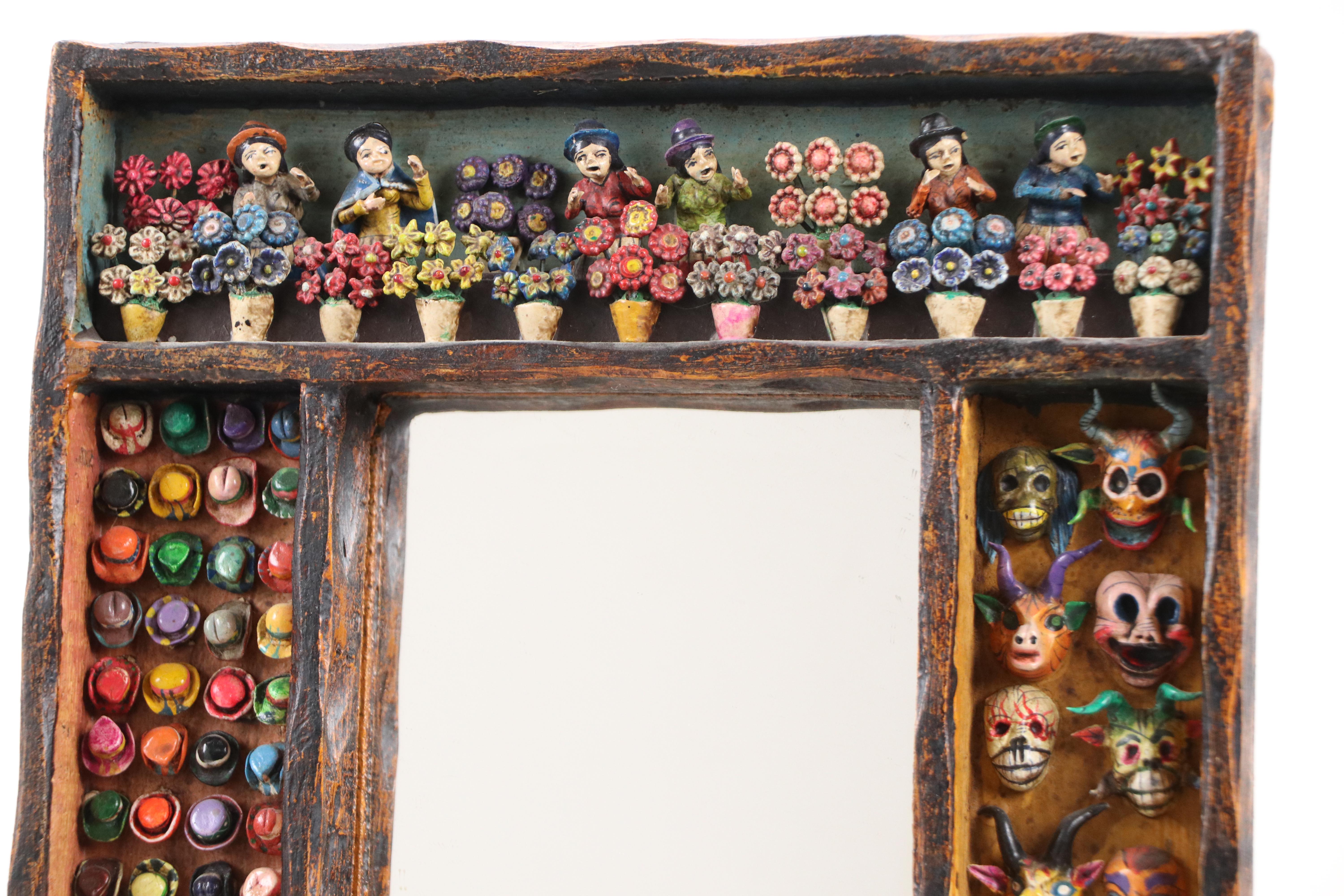 Eleudora & Mabilon Jimenez Peruvian Folk Art Retablo Mirror with Figurines