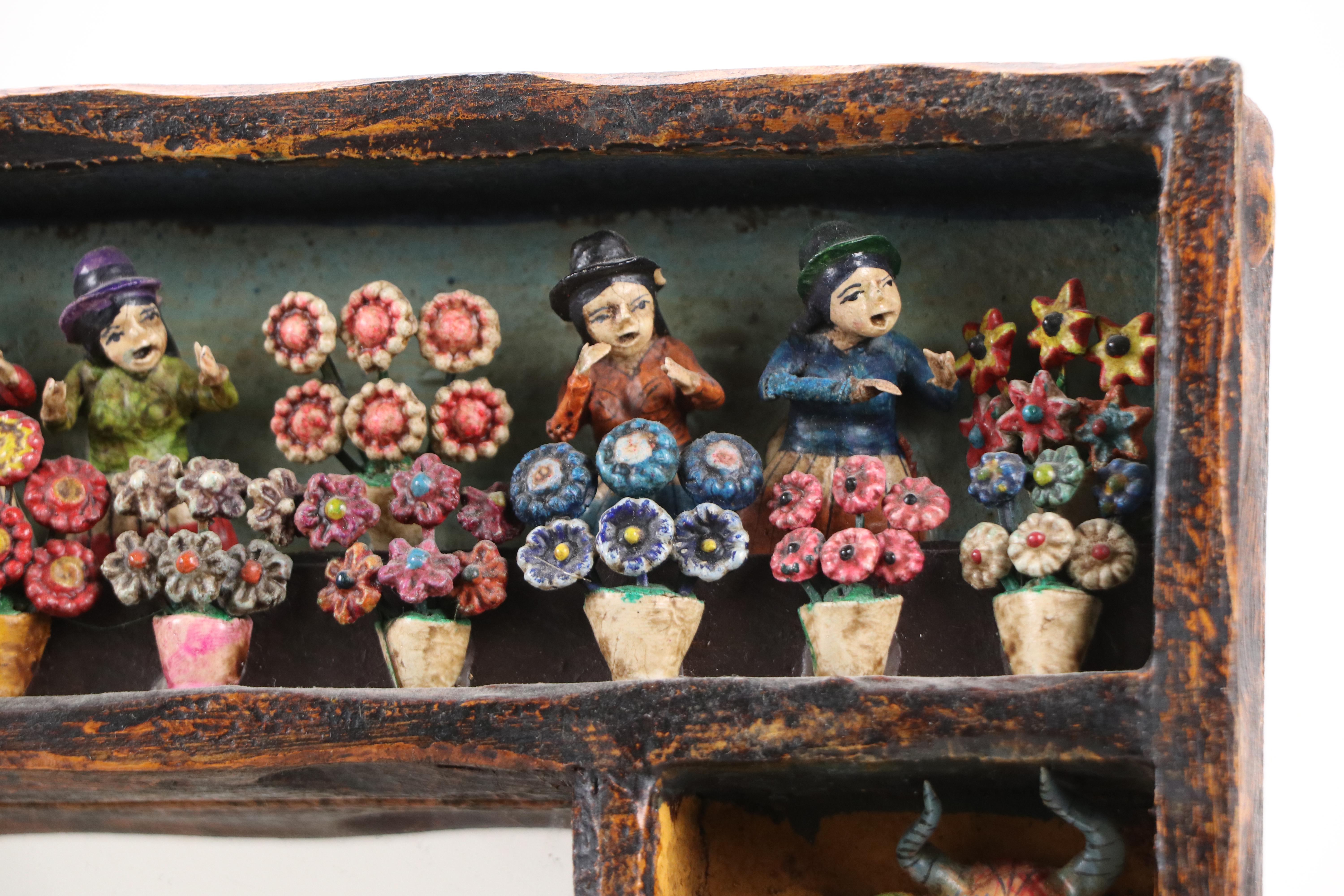 Eleudora & Mabilon Jimenez Peruvian Folk Art Retablo Mirror with Figurines