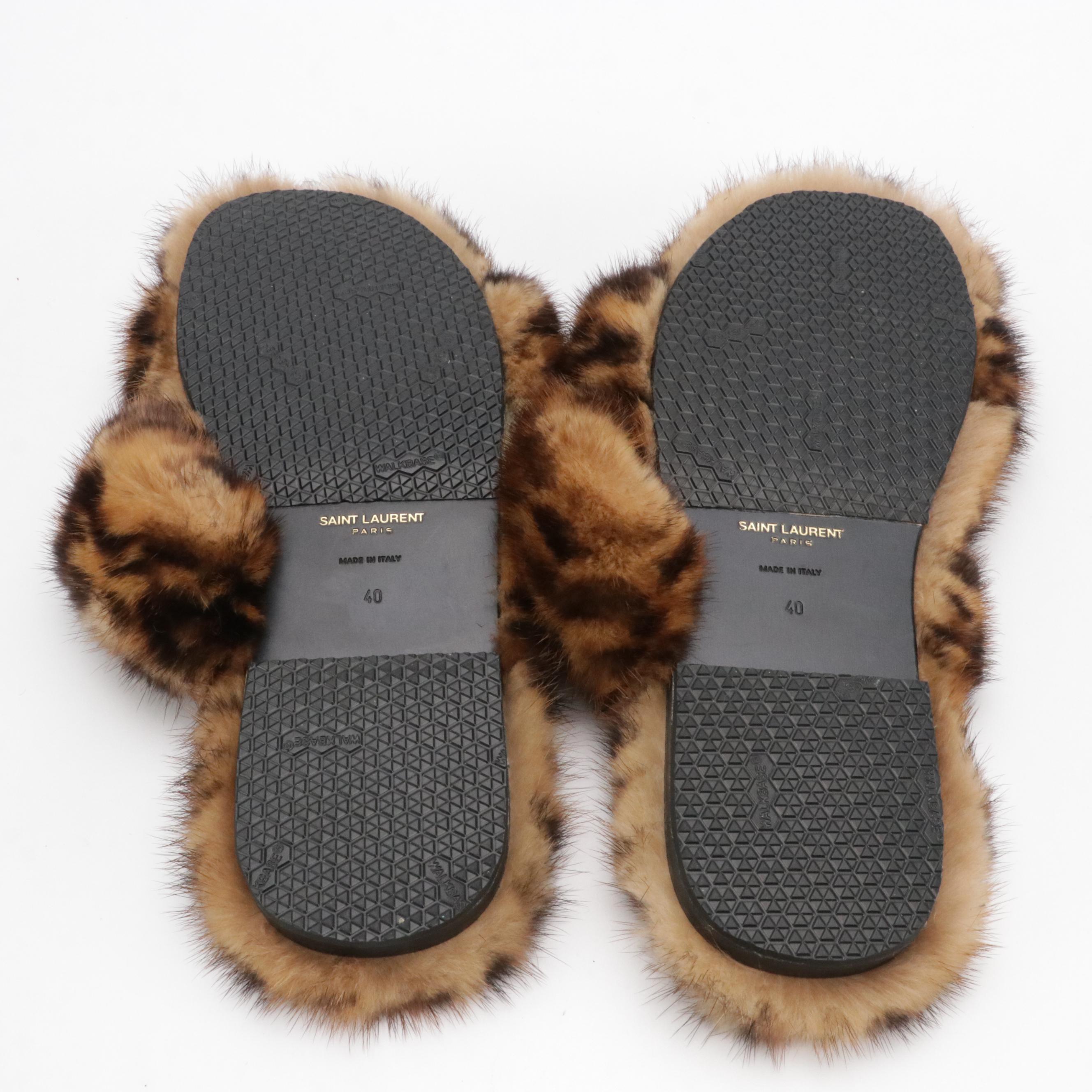 Saint Laurent Leopard Print Mink Fur Slides