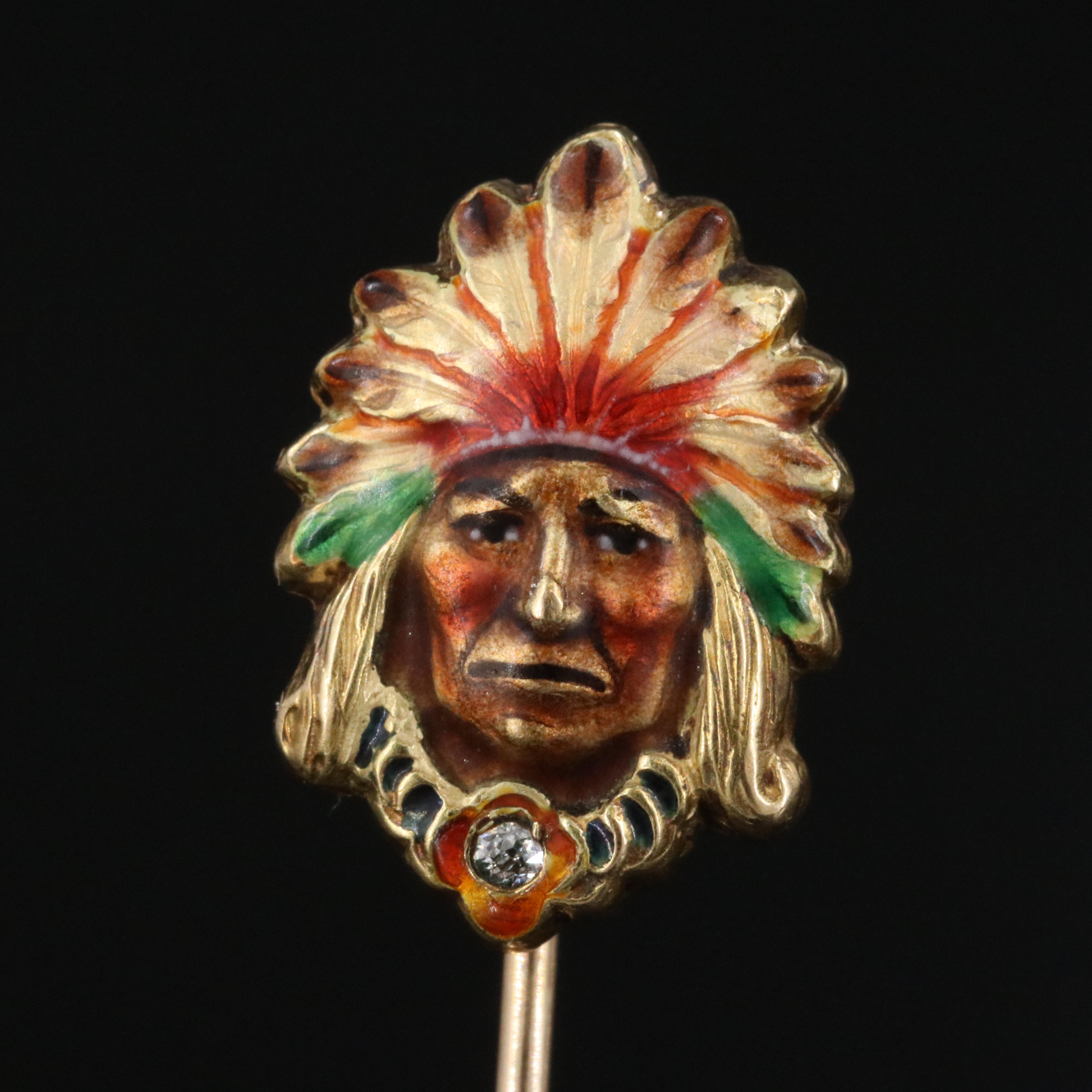 Antique 14K Diamond Enamel Indian Chief Stick Pendant
