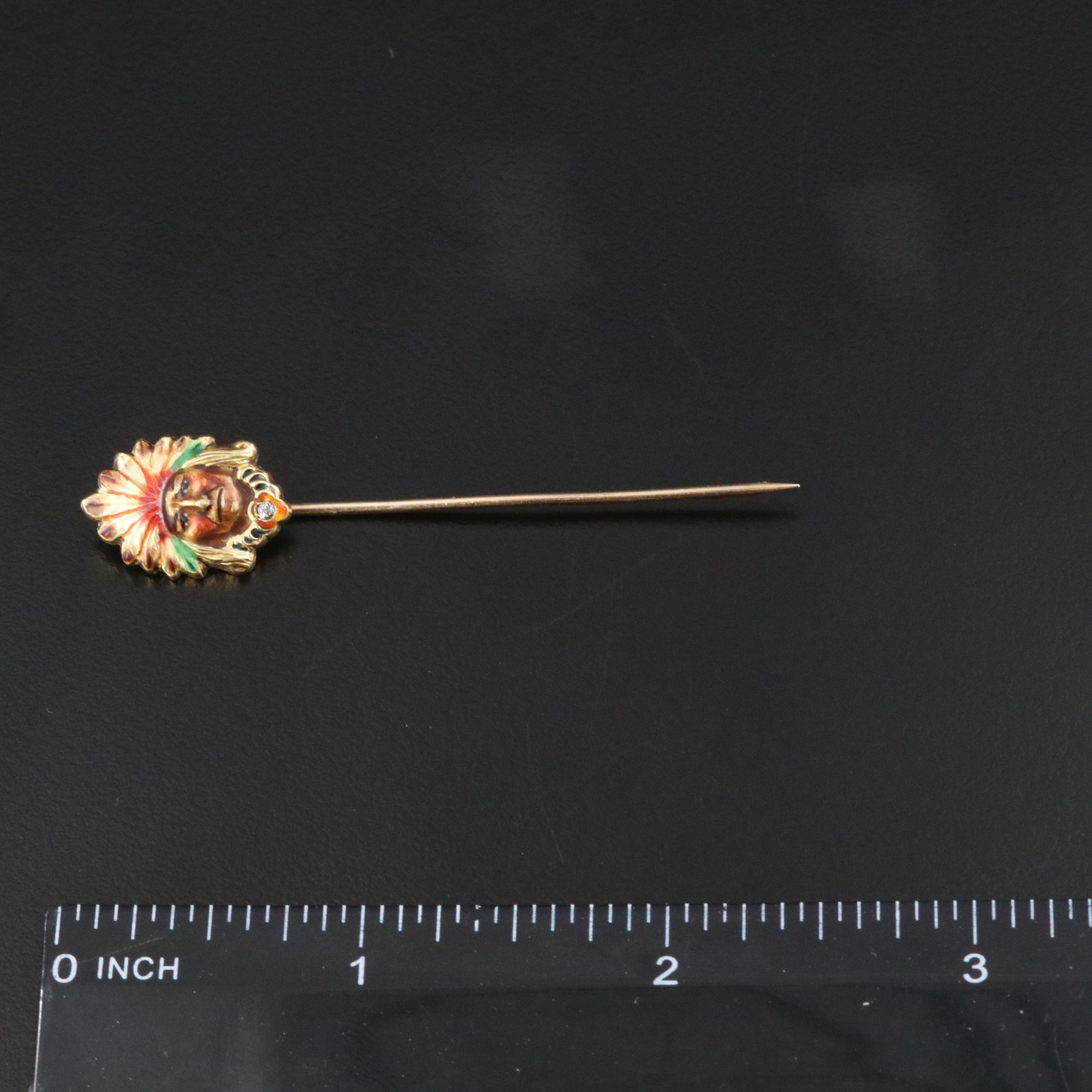 Antique 14K Diamond Enamel Indian Chief Stick Pendant