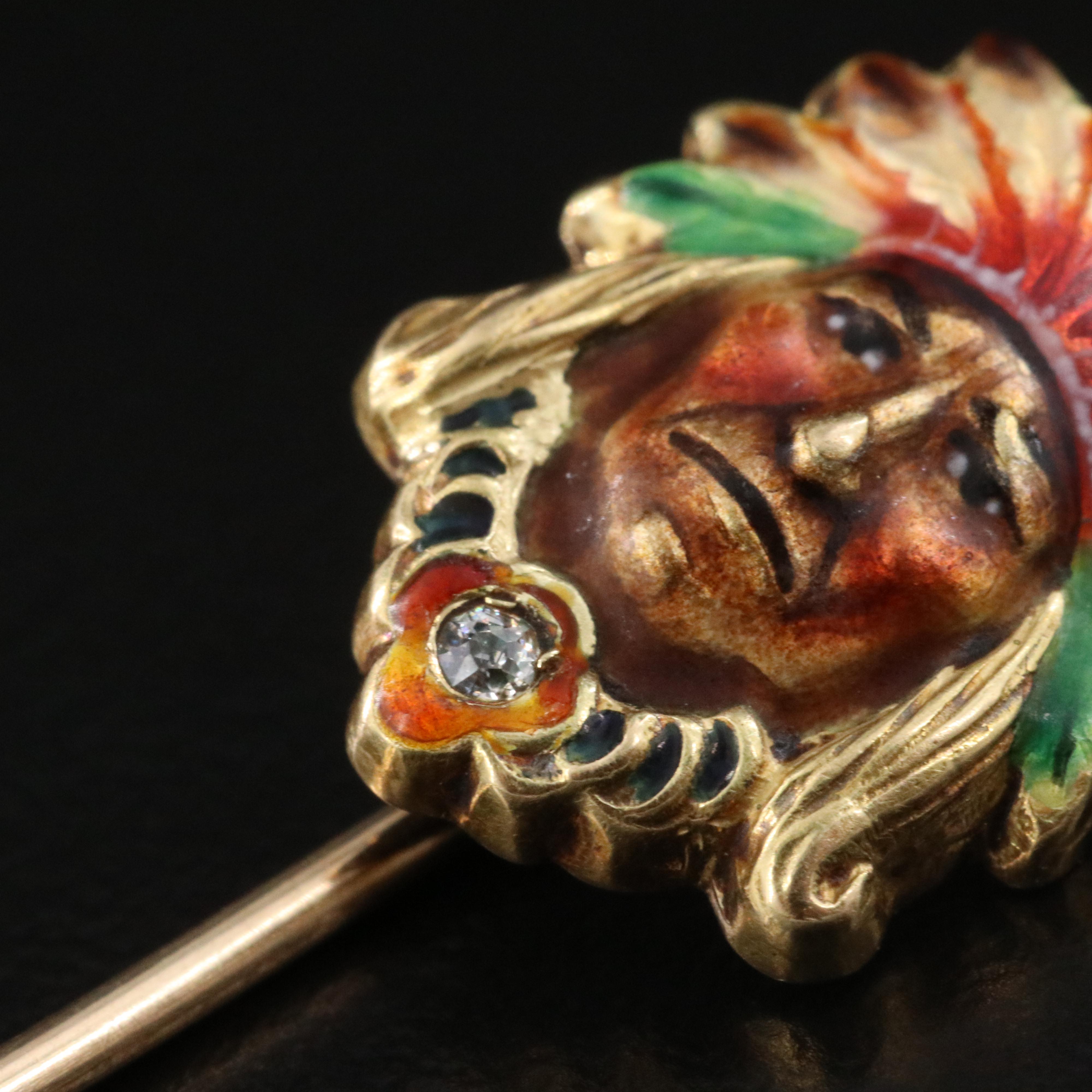 Antique 14K Diamond Enamel Indian Chief Stick Pendant