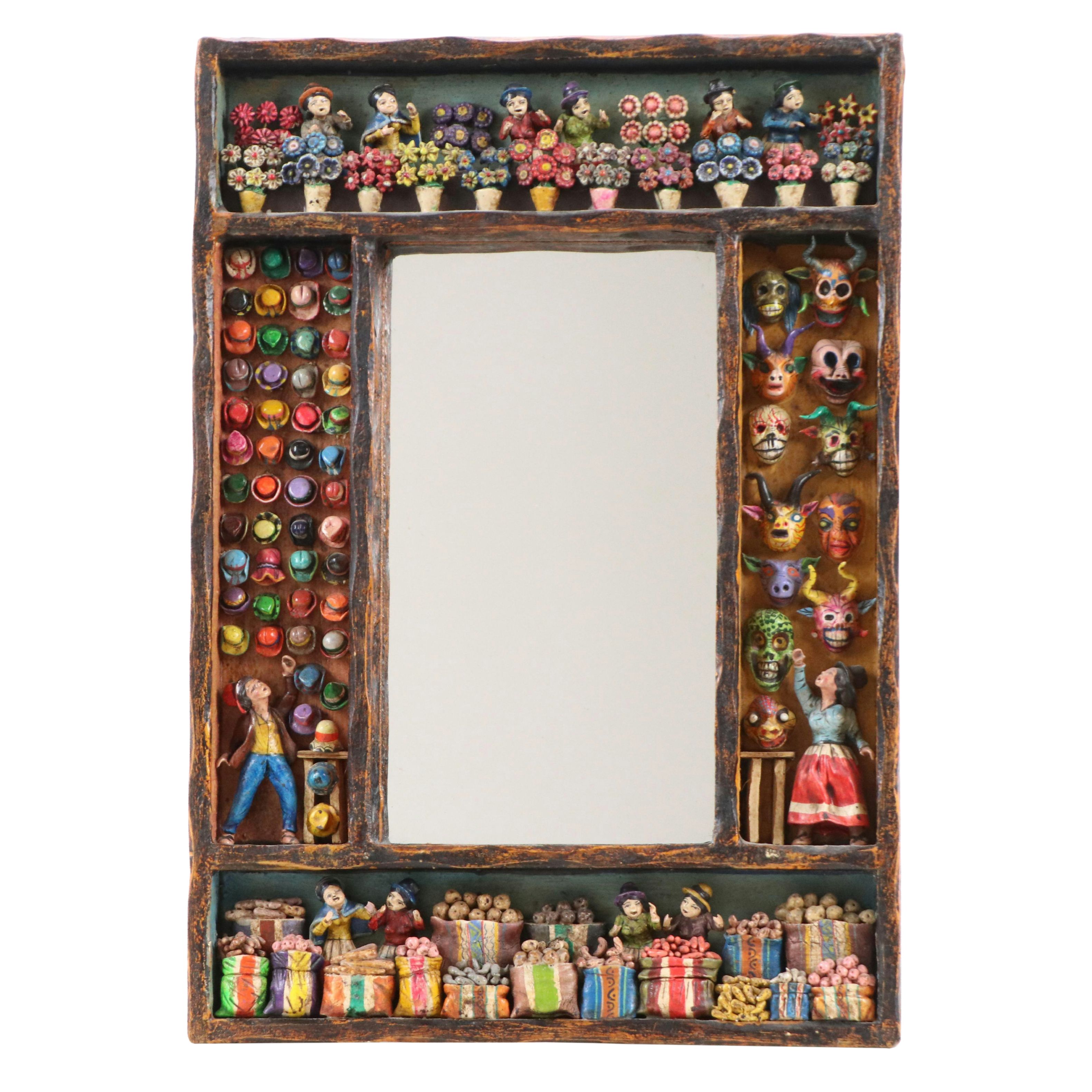 Eleudora & Mabilon Jimenez Peruvian Folk Art Retablo Mirror with Figurines