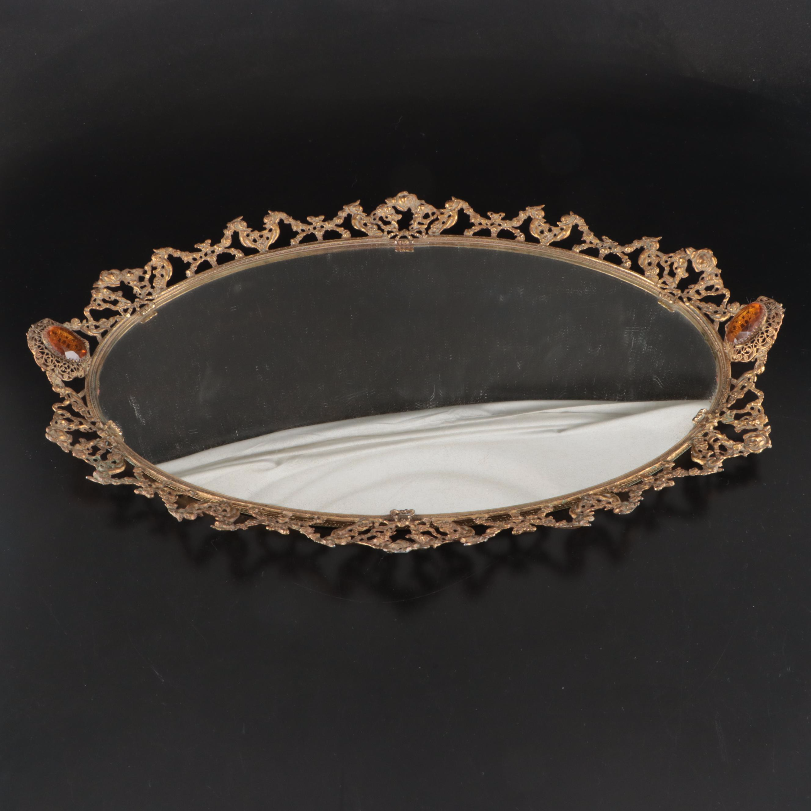 Vintage Metal Filigree Wall Mirrors and Brush with Gemlite Comb and Hand Mirror