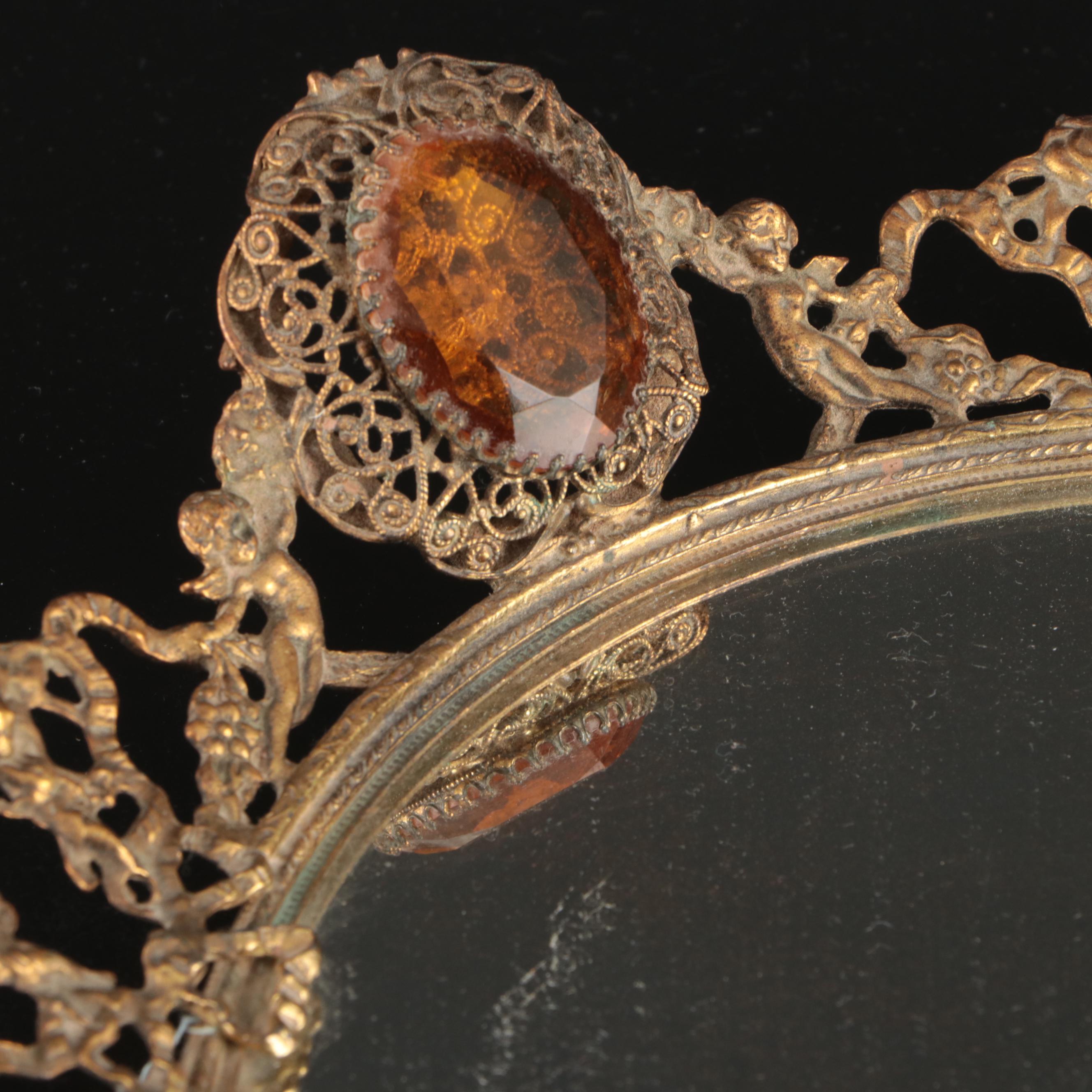 Vintage Metal Filigree Wall Mirrors and Brush with Gemlite Comb and Hand Mirror