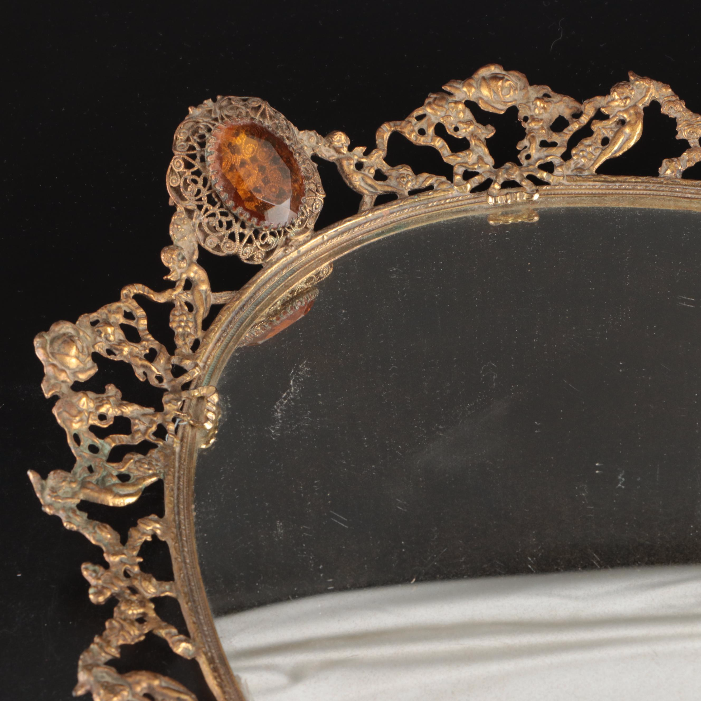 Vintage Metal Filigree Wall Mirrors and Brush with Gemlite Comb and Hand Mirror