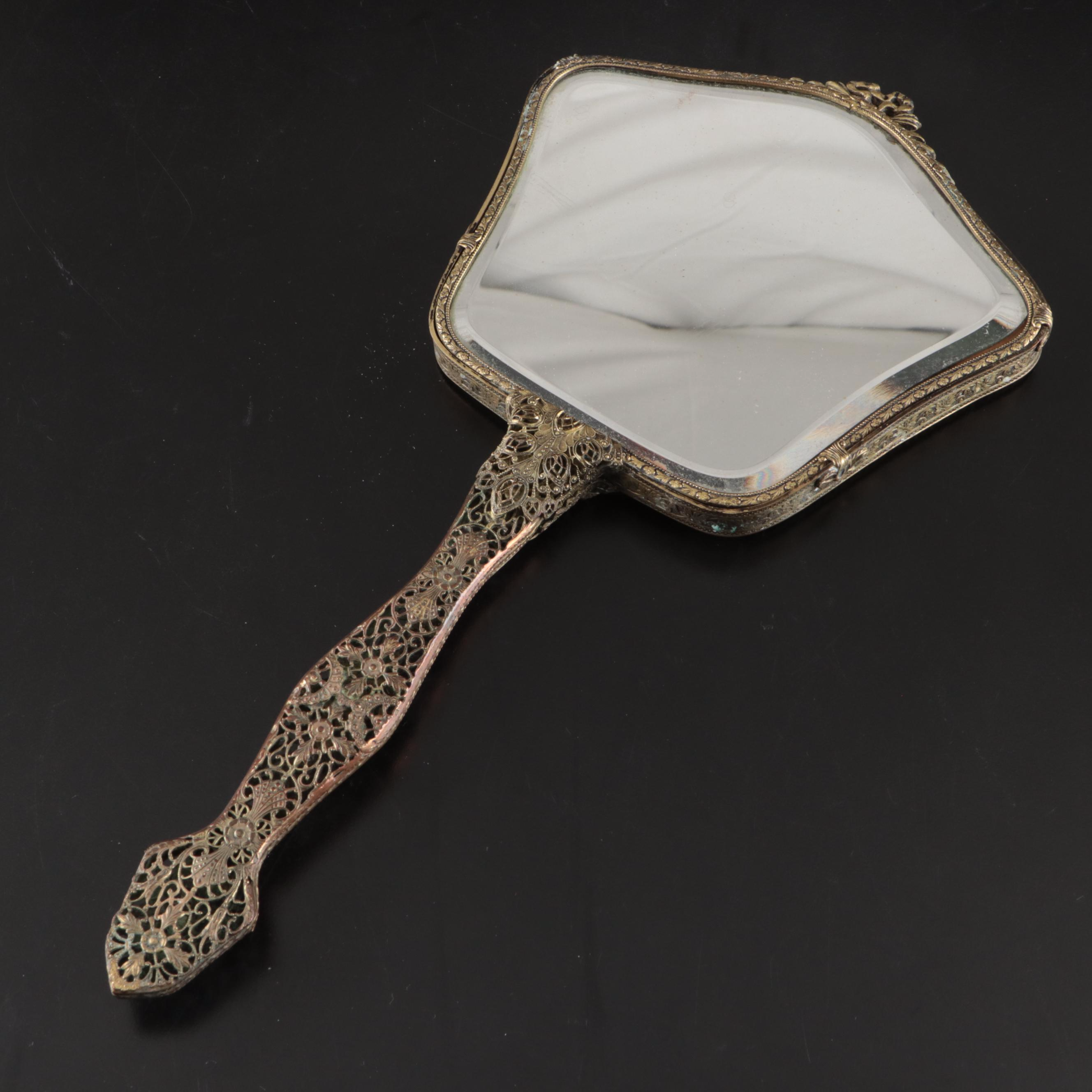 Vintage Metal Filigree Wall Mirrors and Brush with Gemlite Comb and Hand Mirror