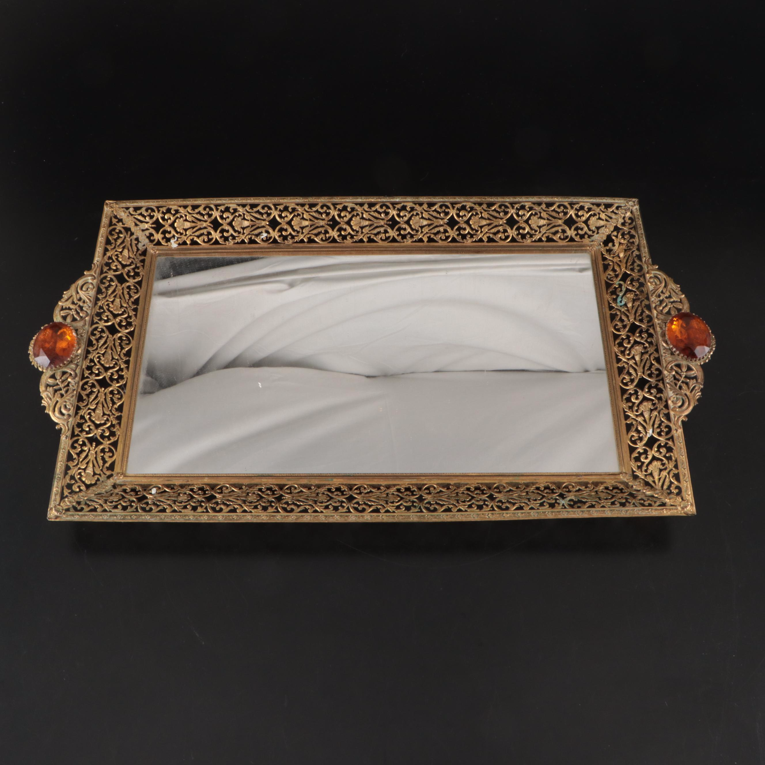 Vintage Metal Filigree Wall Mirrors and Brush with Gemlite Comb and Hand Mirror