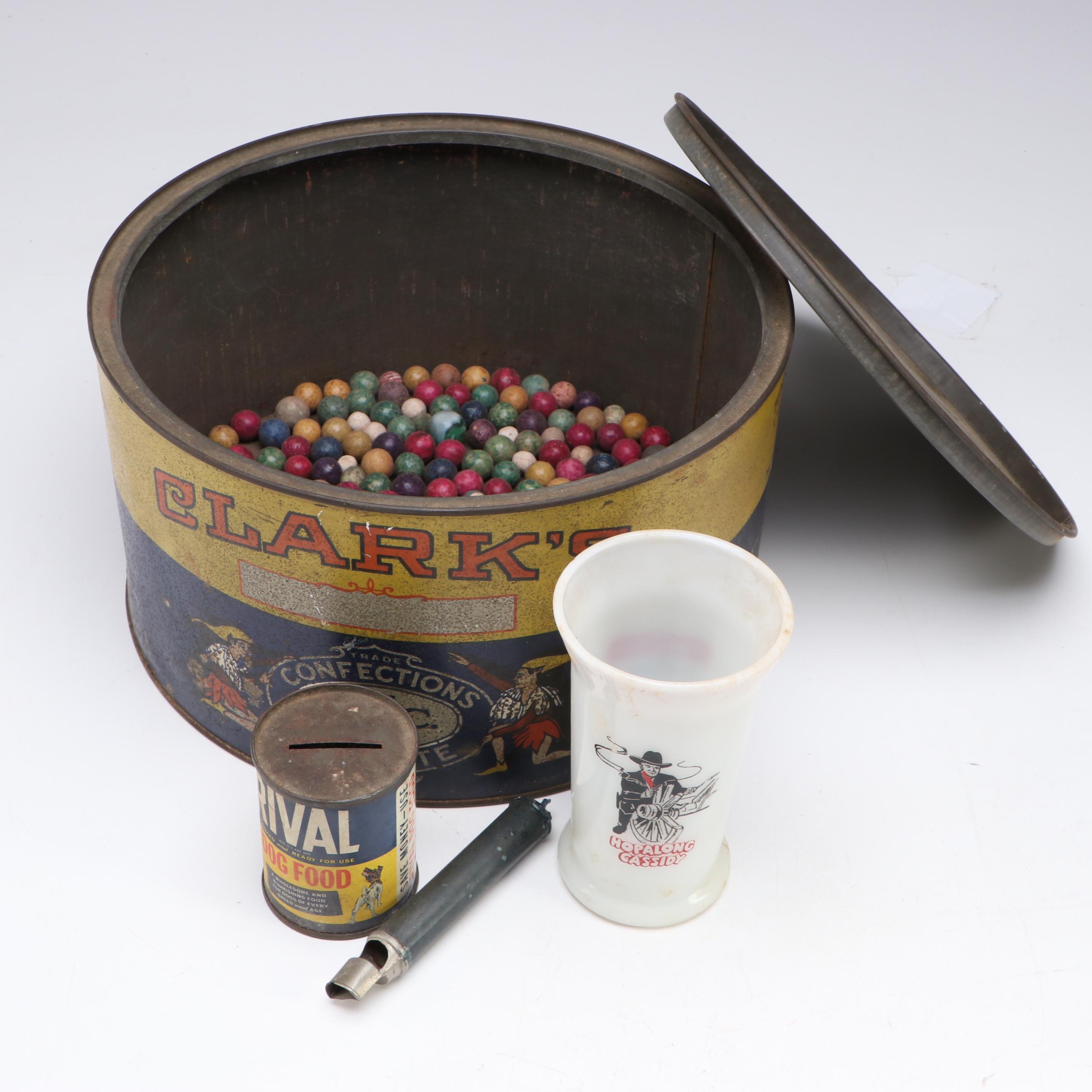 Clark's Confections Tin with Clay Marbles and Other Collectibles