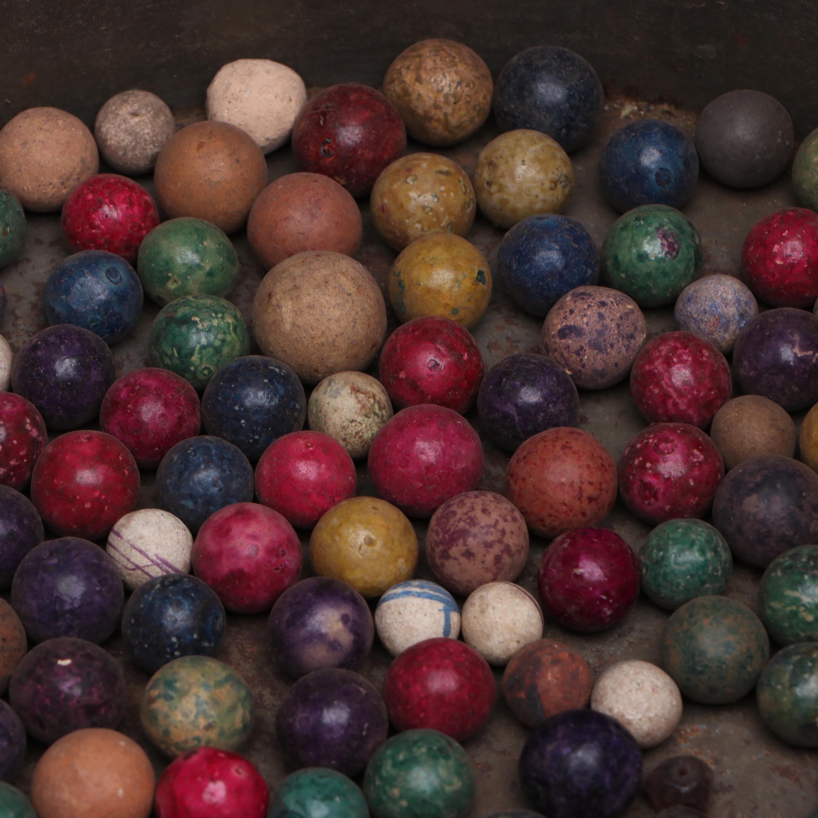 Clark's Confections Tin with Clay Marbles and Other Collectibles