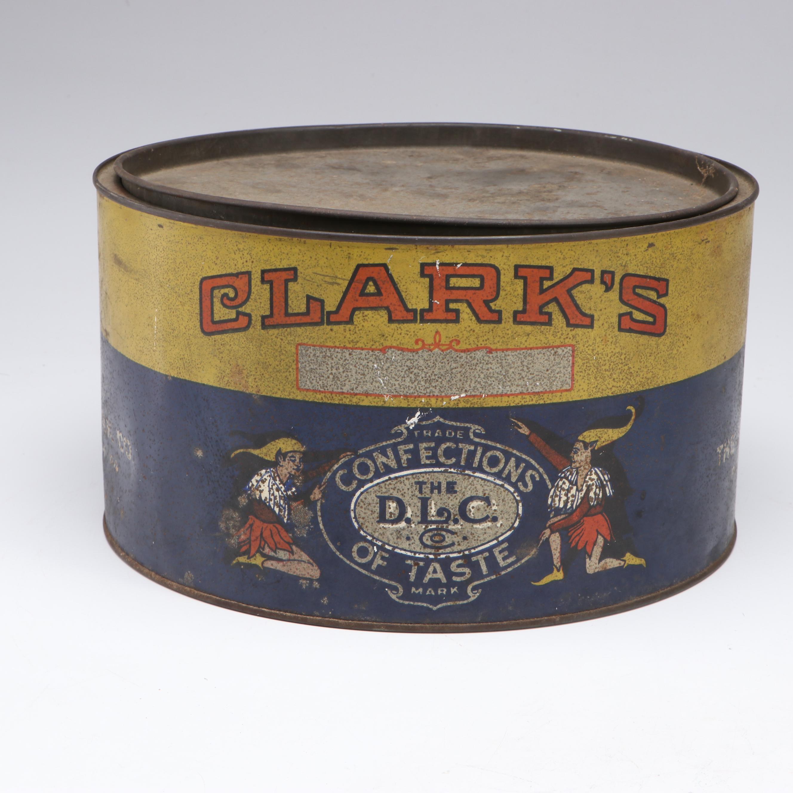 Clark's Confections Tin with Clay Marbles and Other Collectibles