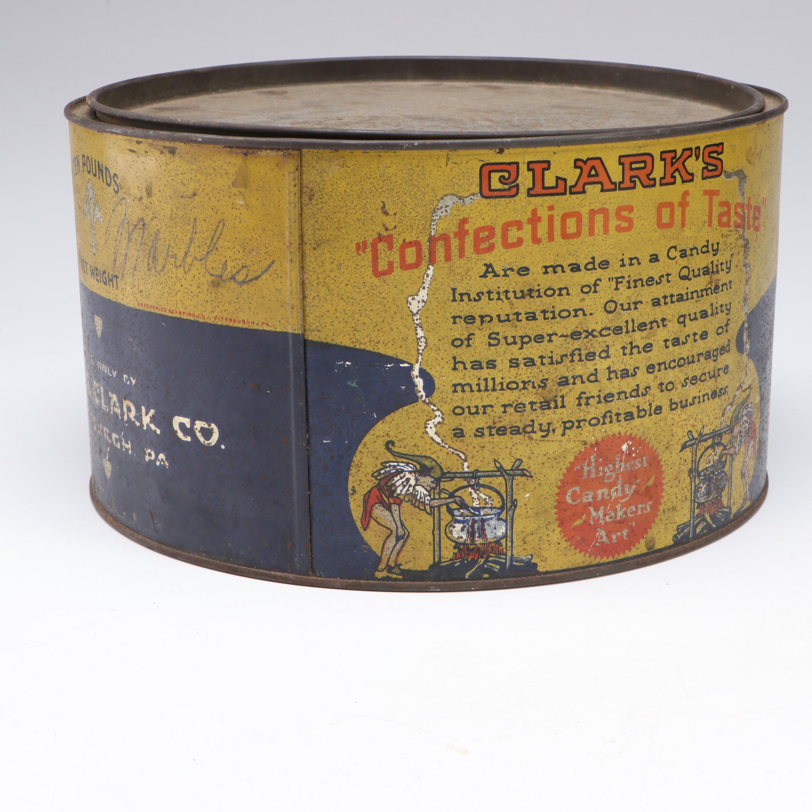 Clark's Confections Tin with Clay Marbles and Other Collectibles