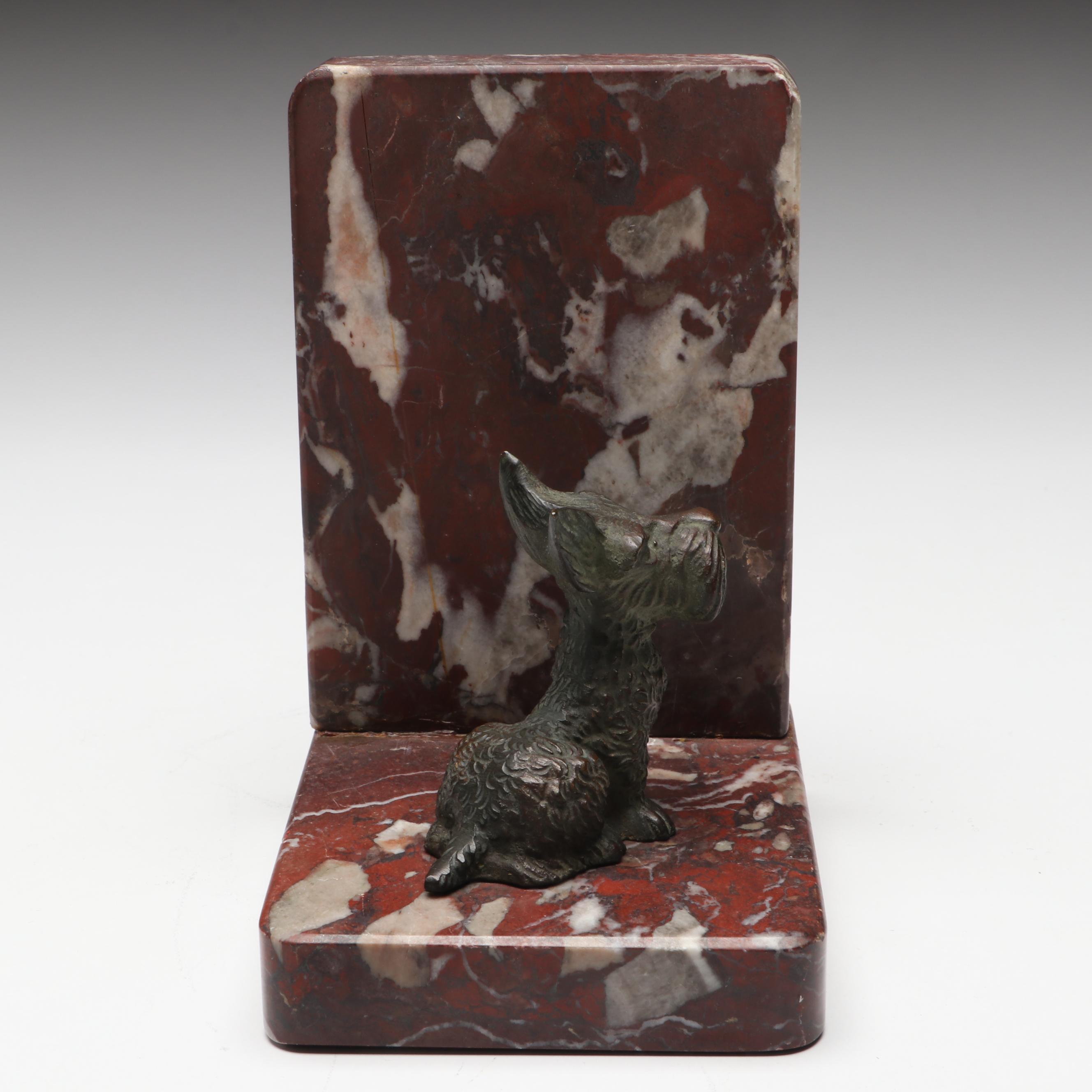 Bronzed Metal Scottie Dog on Marble Bookend