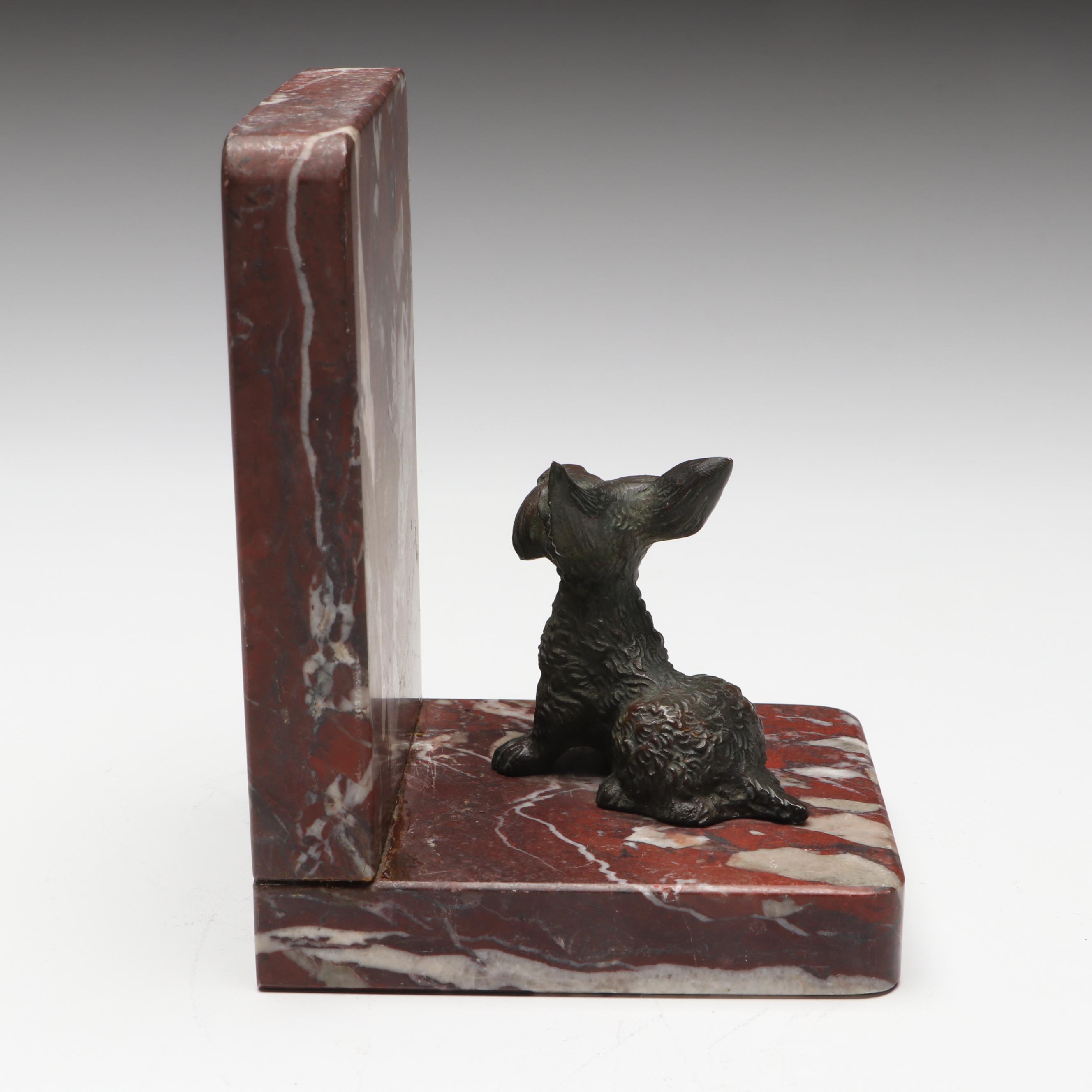Bronzed Metal Scottie Dog on Marble Bookend