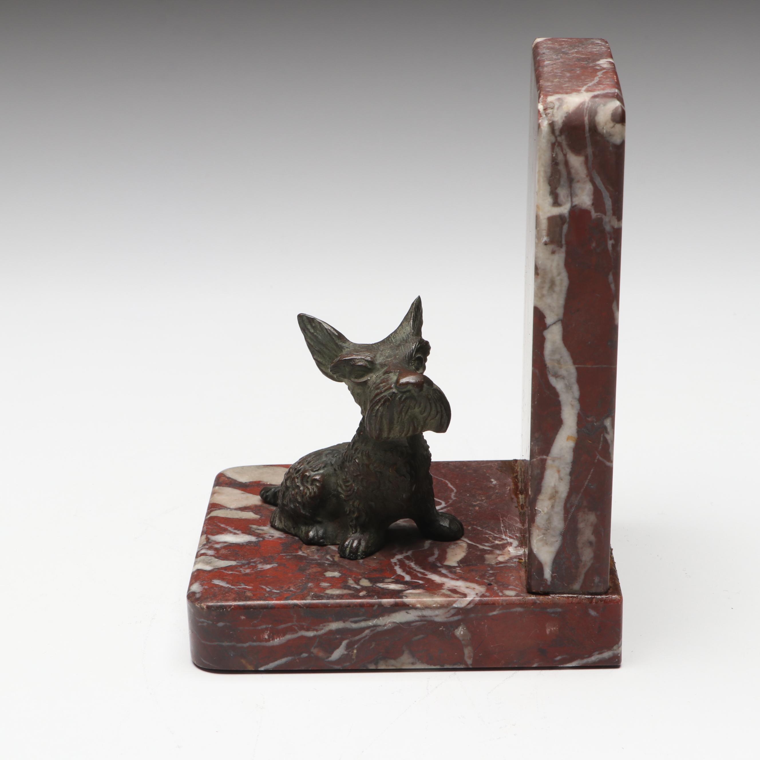 Bronzed Metal Scottie Dog on Marble Bookend