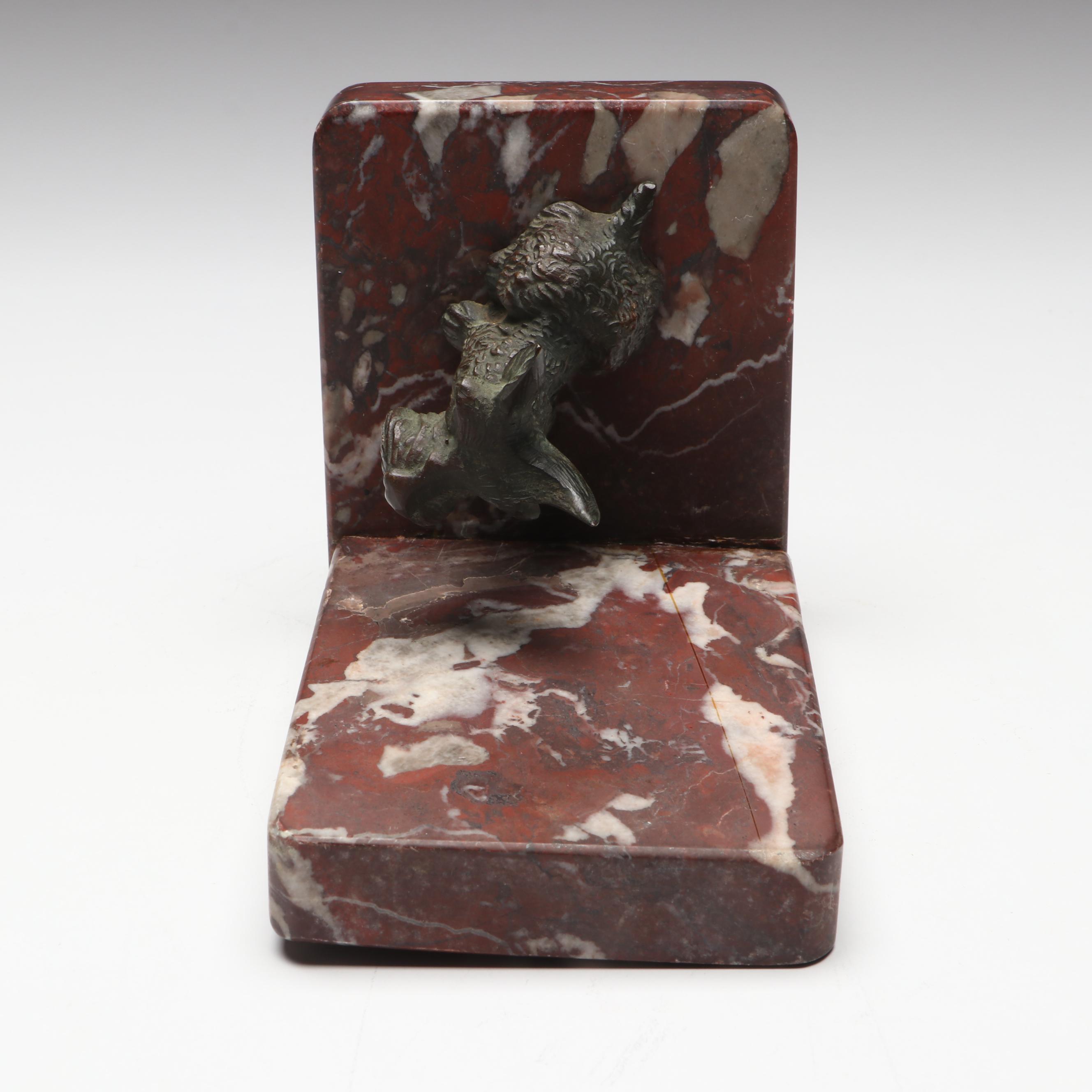 Bronzed Metal Scottie Dog on Marble Bookend