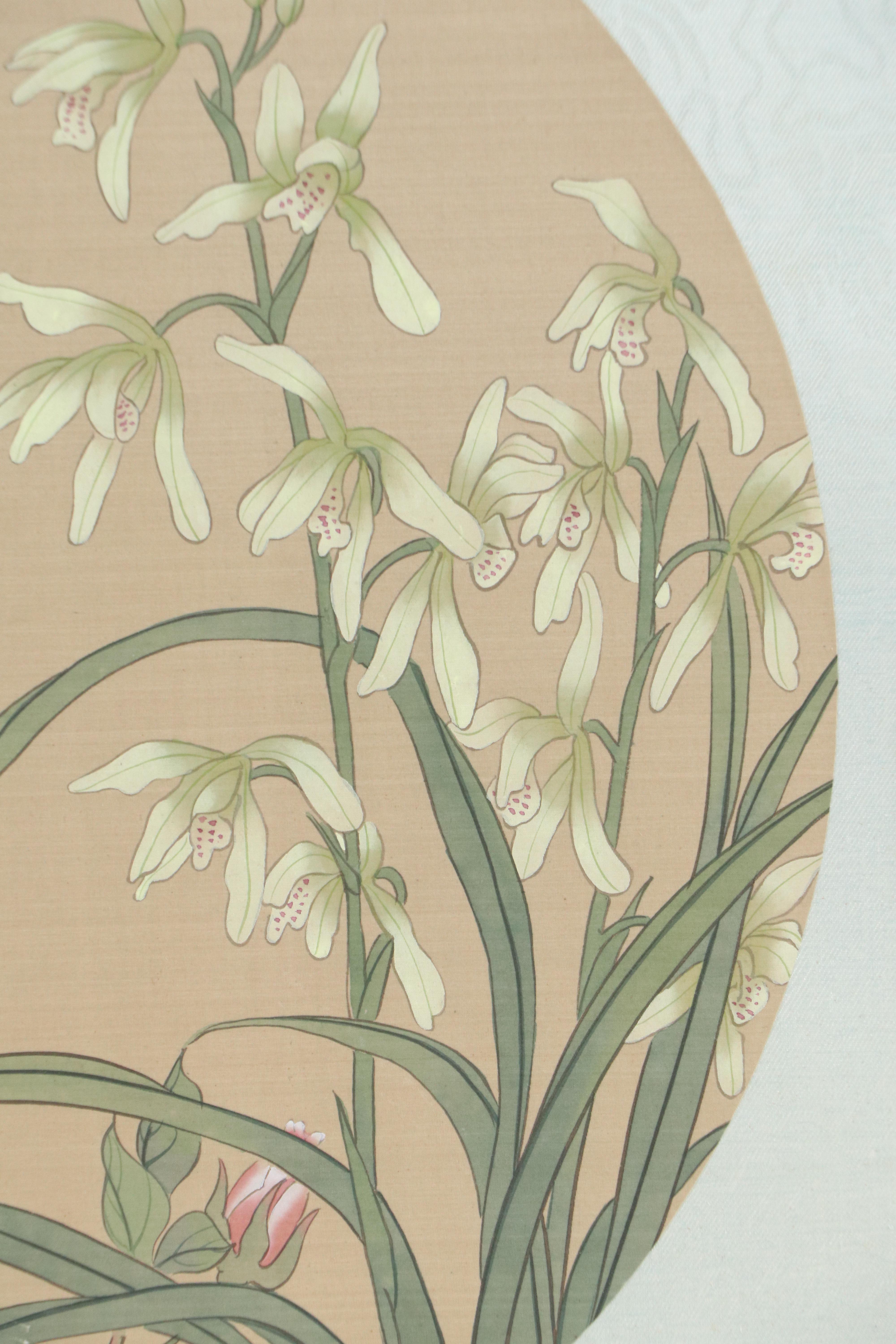 Chinese Gouache Huaniaohua Painting of Butterfly, Orchids, and Peonies