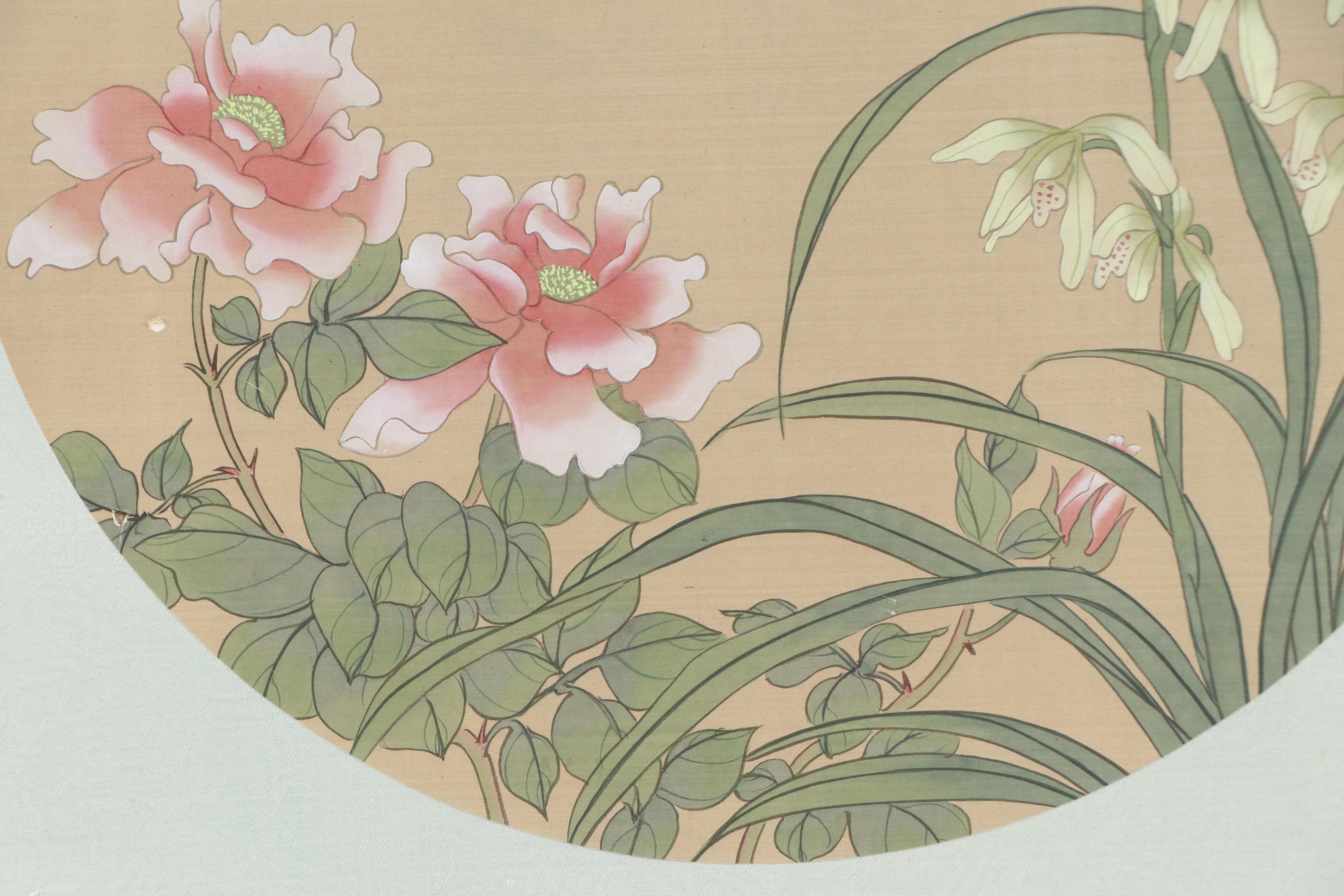 Chinese Gouache Huaniaohua Painting of Butterfly, Orchids, and Peonies