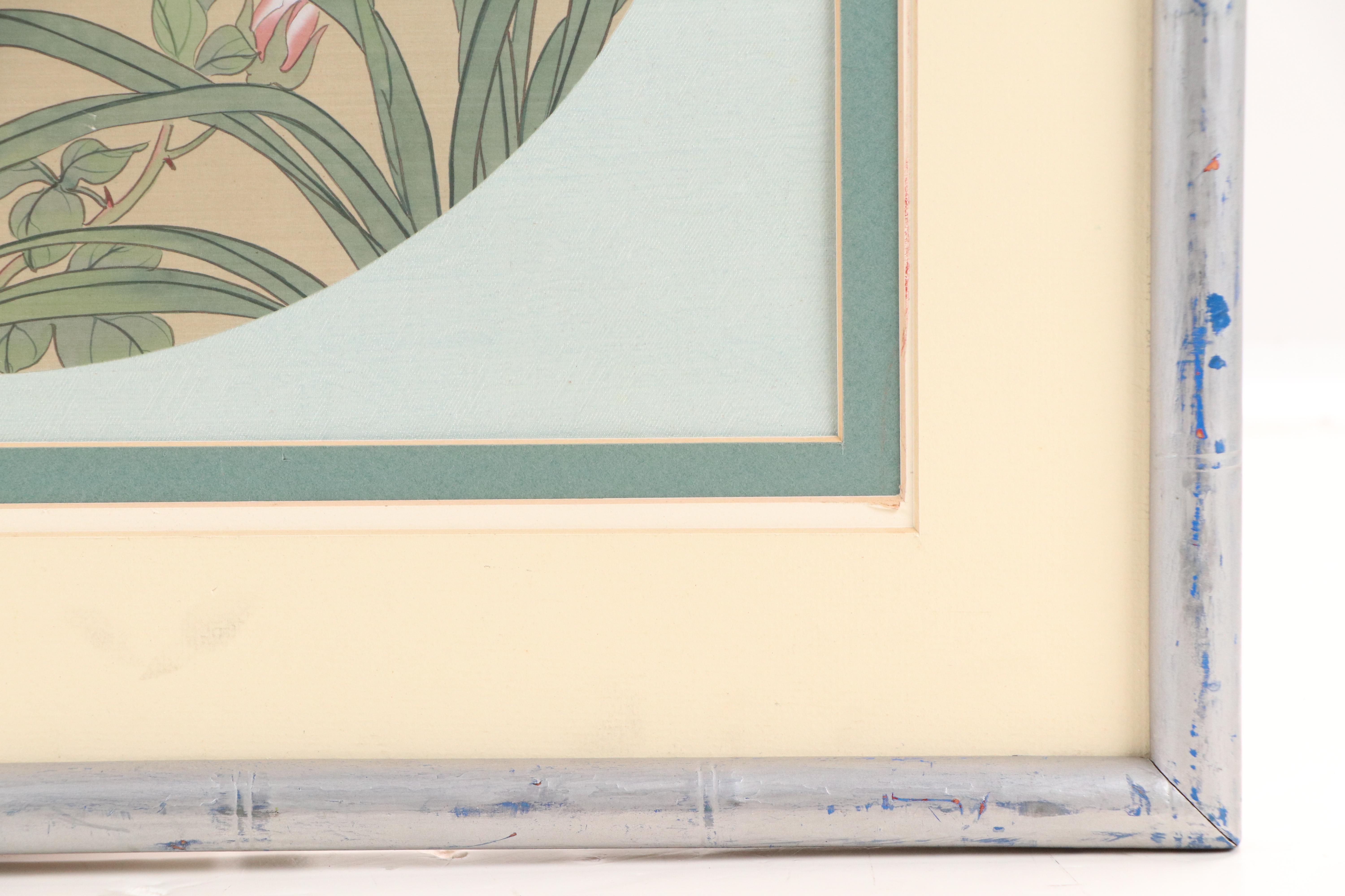 Chinese Gouache Huaniaohua Painting of Butterfly, Orchids, and Peonies