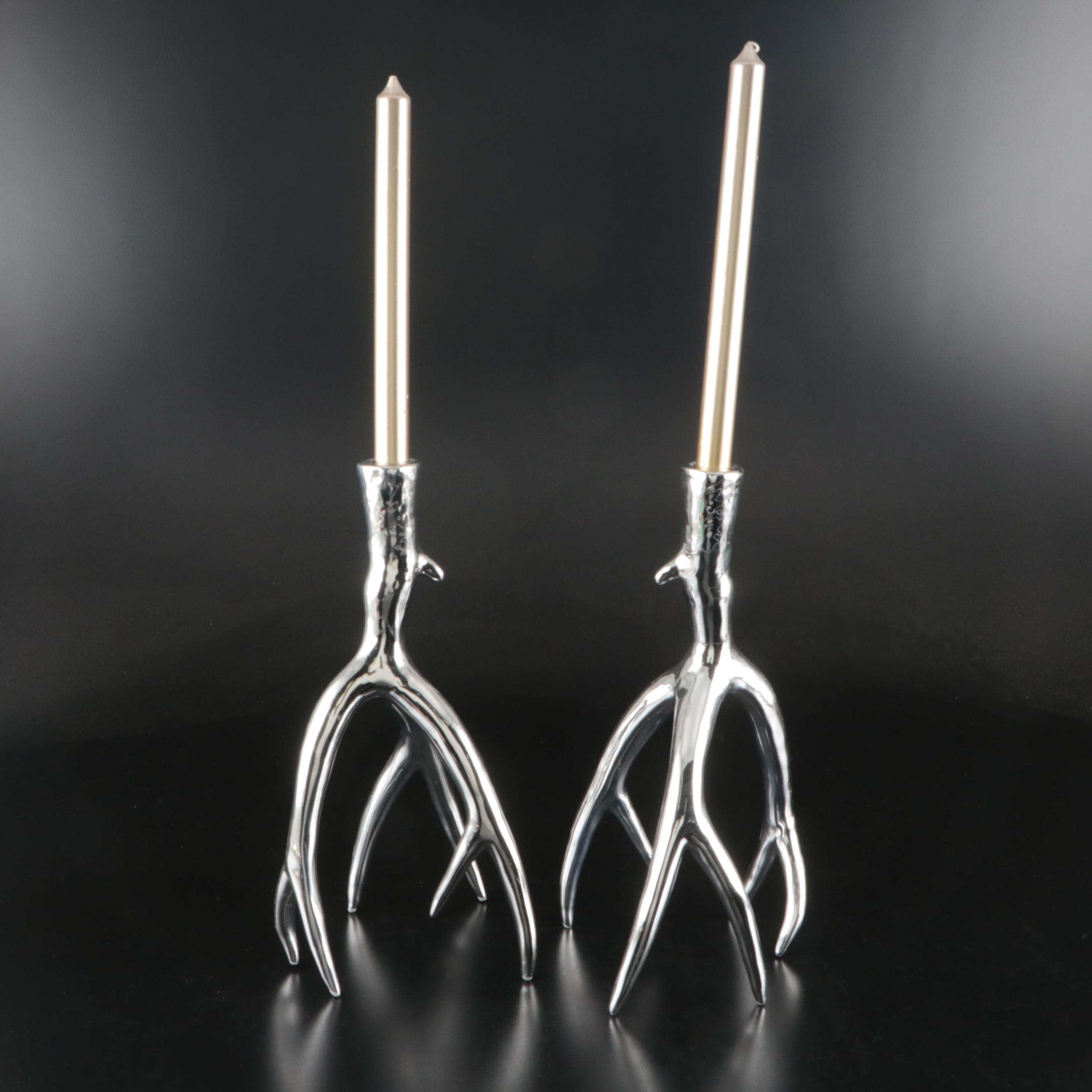 Pair of Antler-Shaped Metal Candlesticks