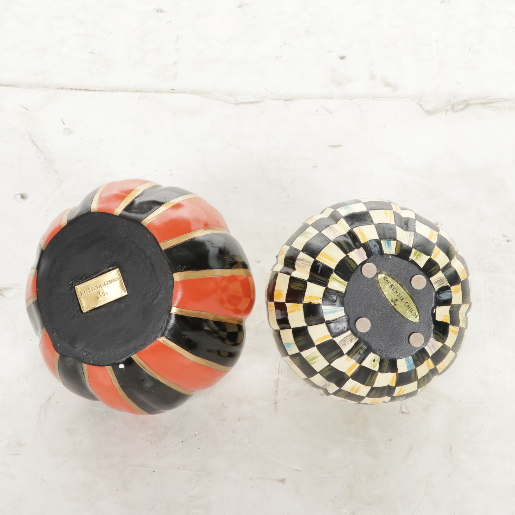 MacKenzie-Childs Courtly Check and Orange Stripe Centerpiece Pumpkins