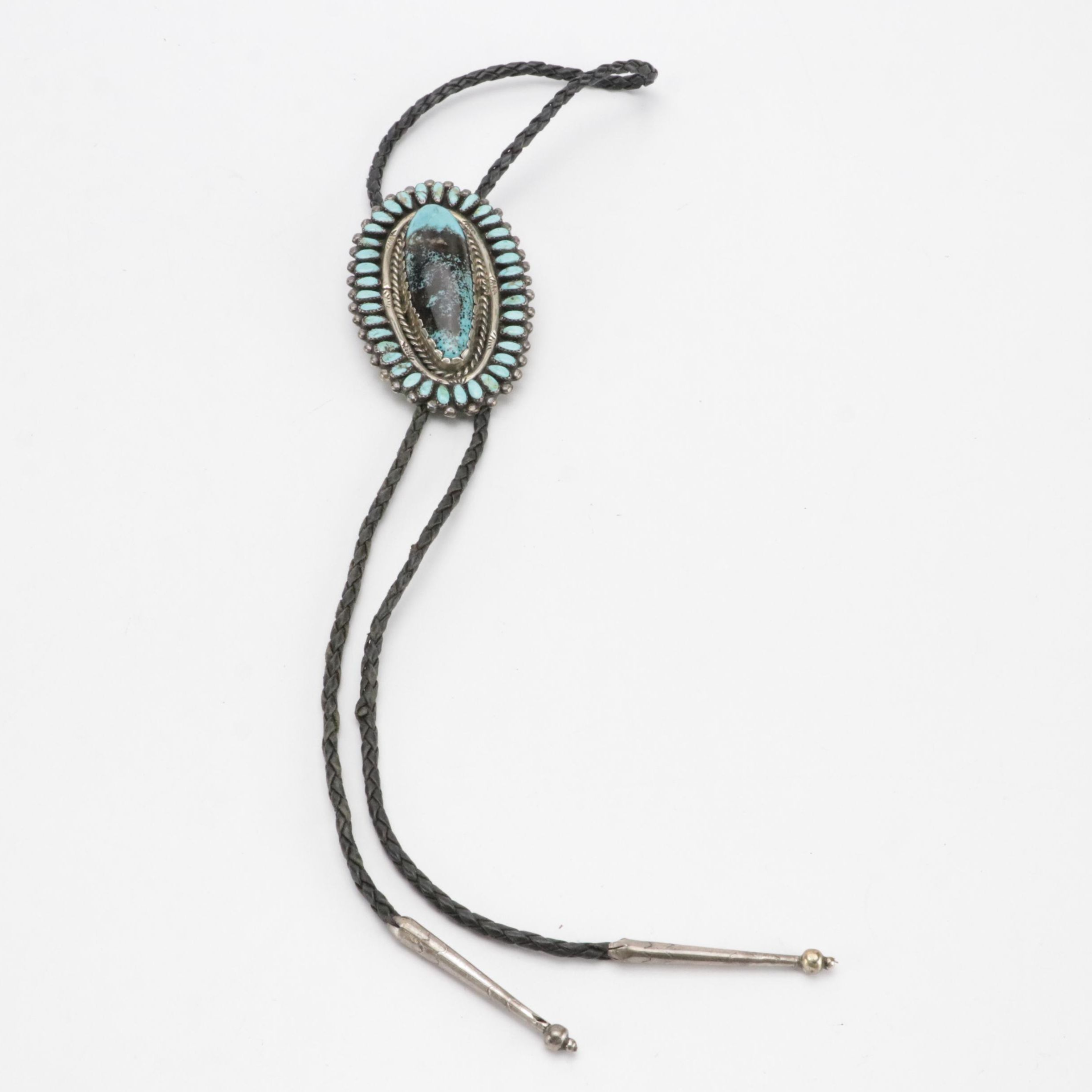 Southwestern Silver and Turquoise Braided Leather Bolo