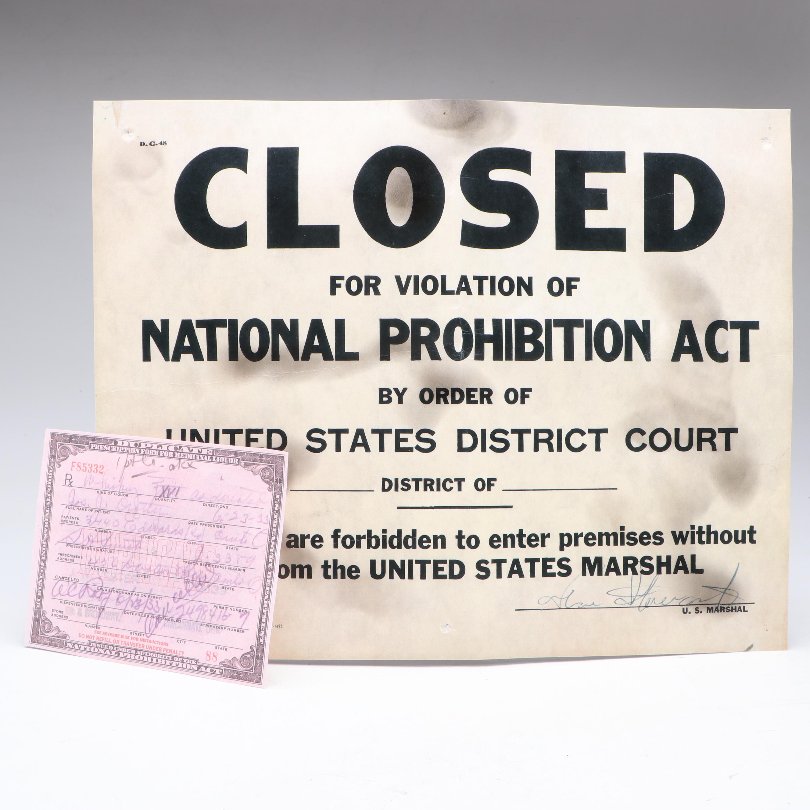 Prohibition Style Whisky Prescription Form with Reproduction Sign