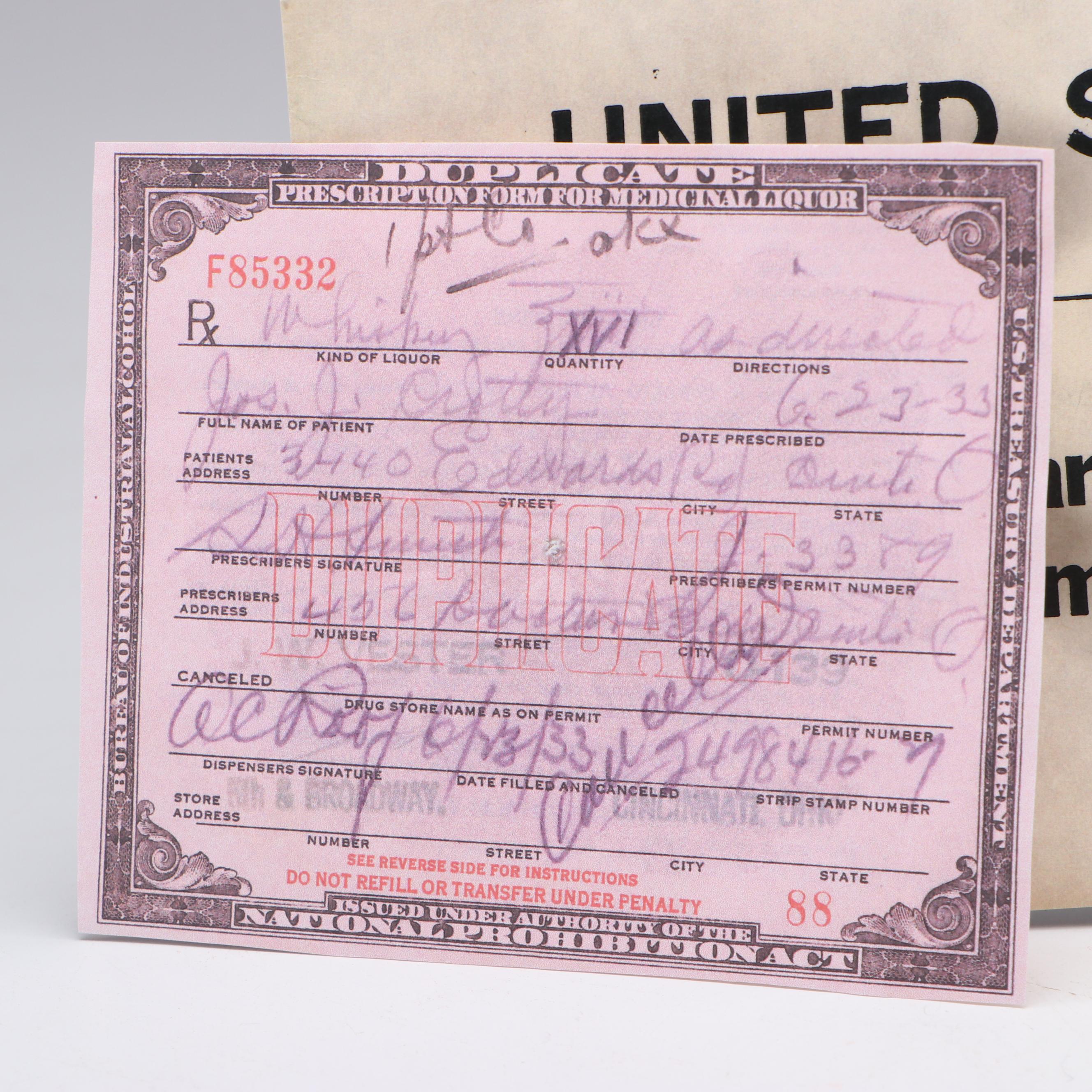 Prohibition Style Whisky Prescription Form with Reproduction Sign