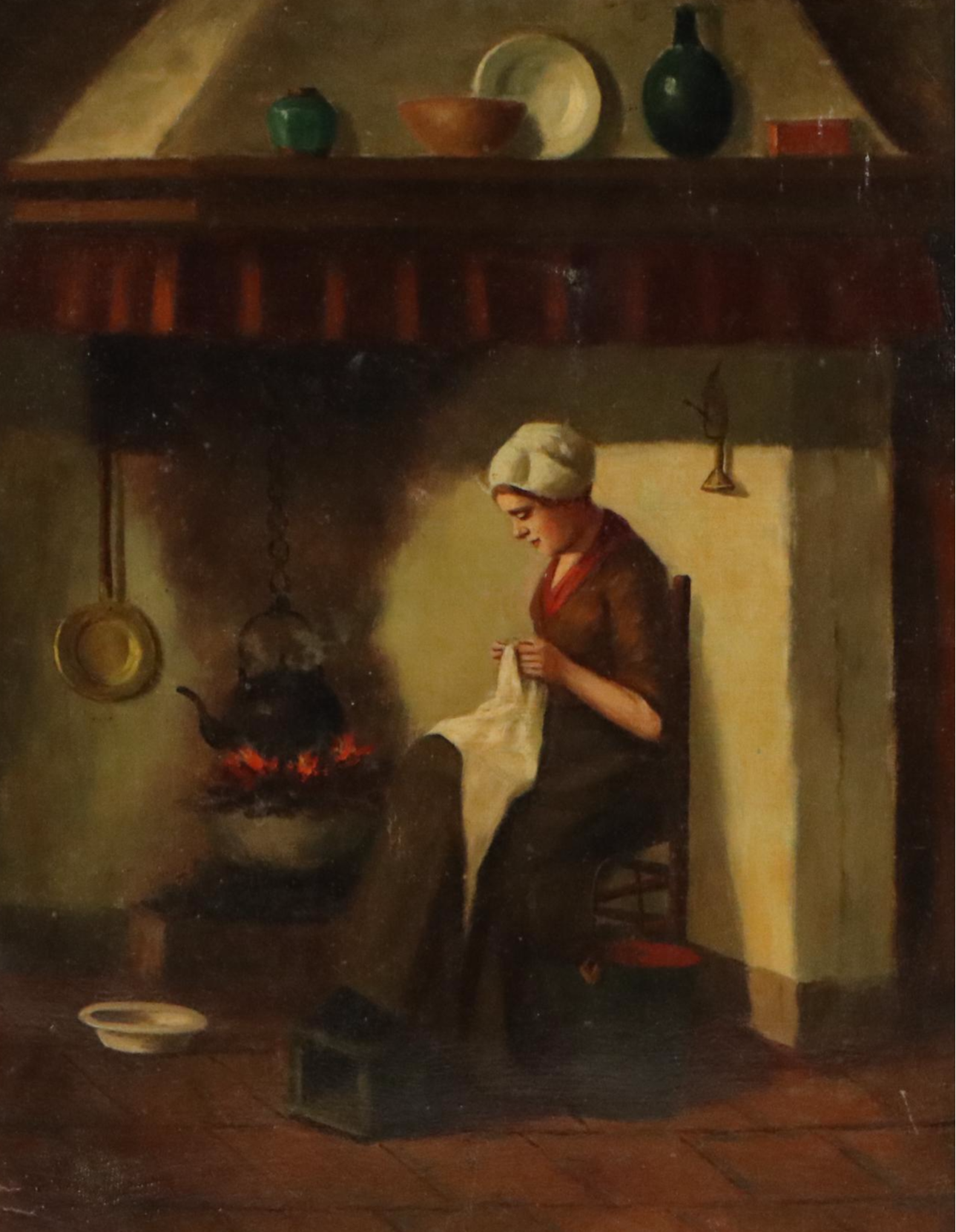 Dutch Kitchen Interior Oil Painting of Woman Stitching, Circa 1885