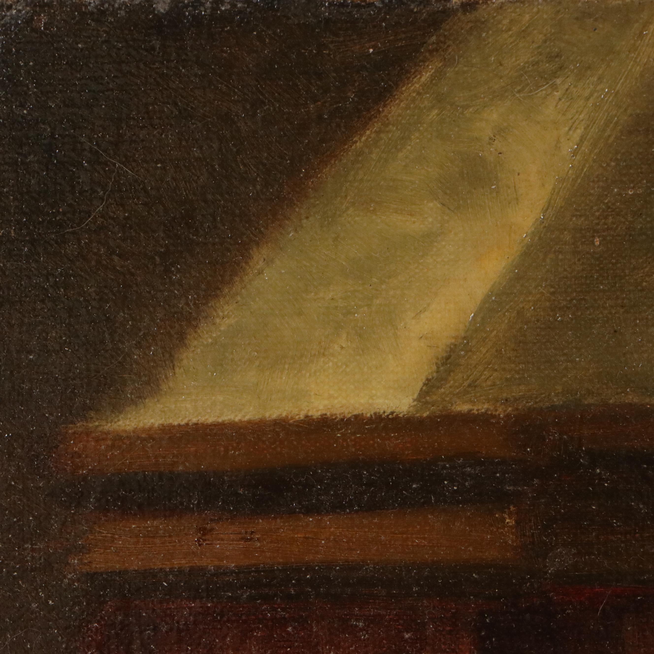 Dutch Kitchen Interior Oil Painting of Woman Stitching, Circa 1885