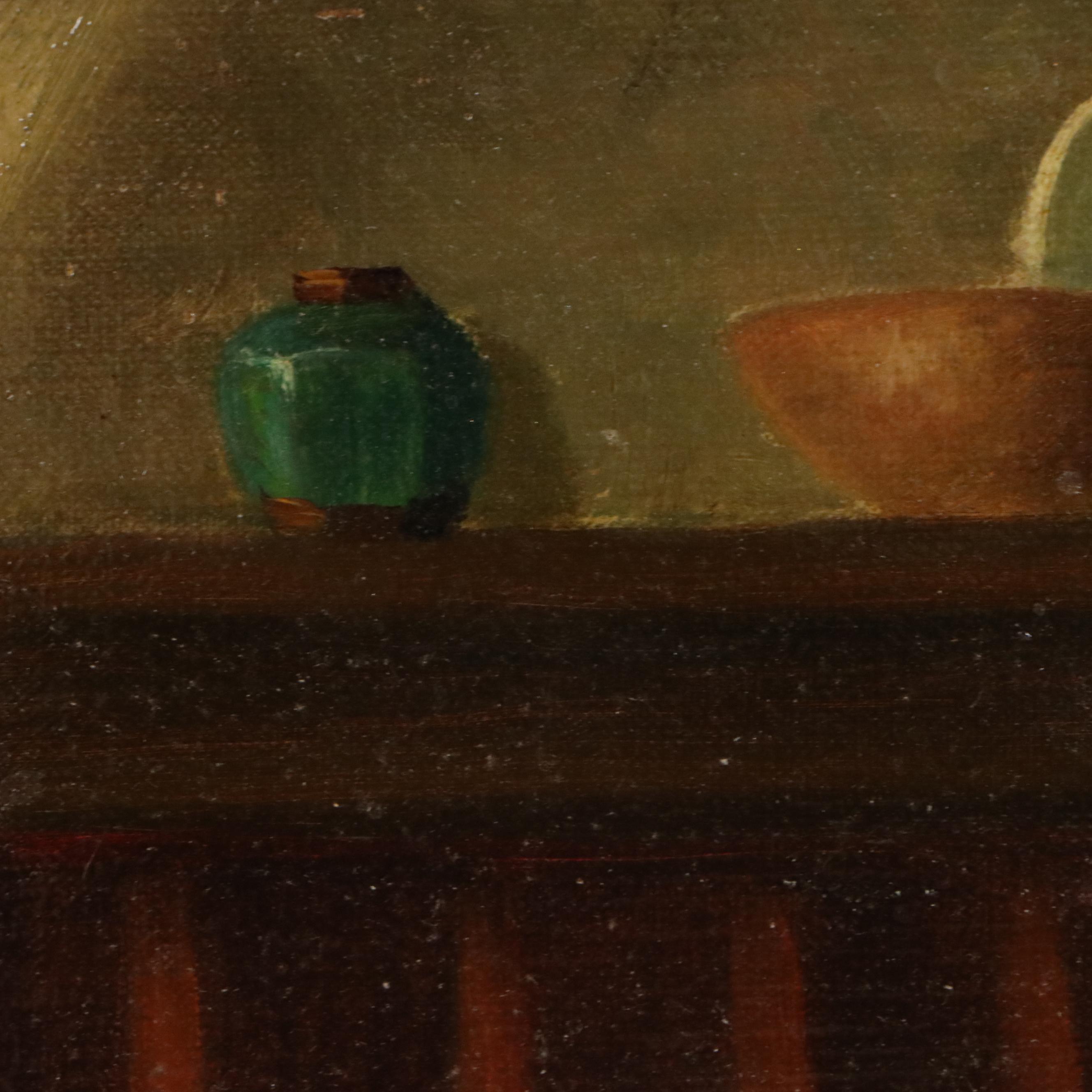 Dutch Kitchen Interior Oil Painting of Woman Stitching, Circa 1885