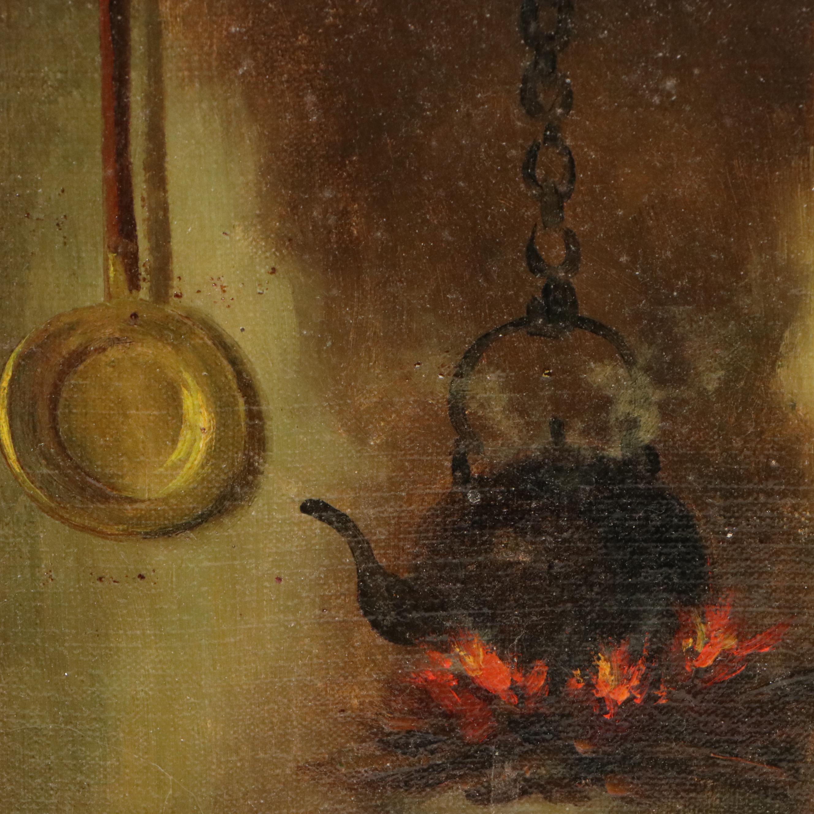 Dutch Kitchen Interior Oil Painting of Woman Stitching, Circa 1885