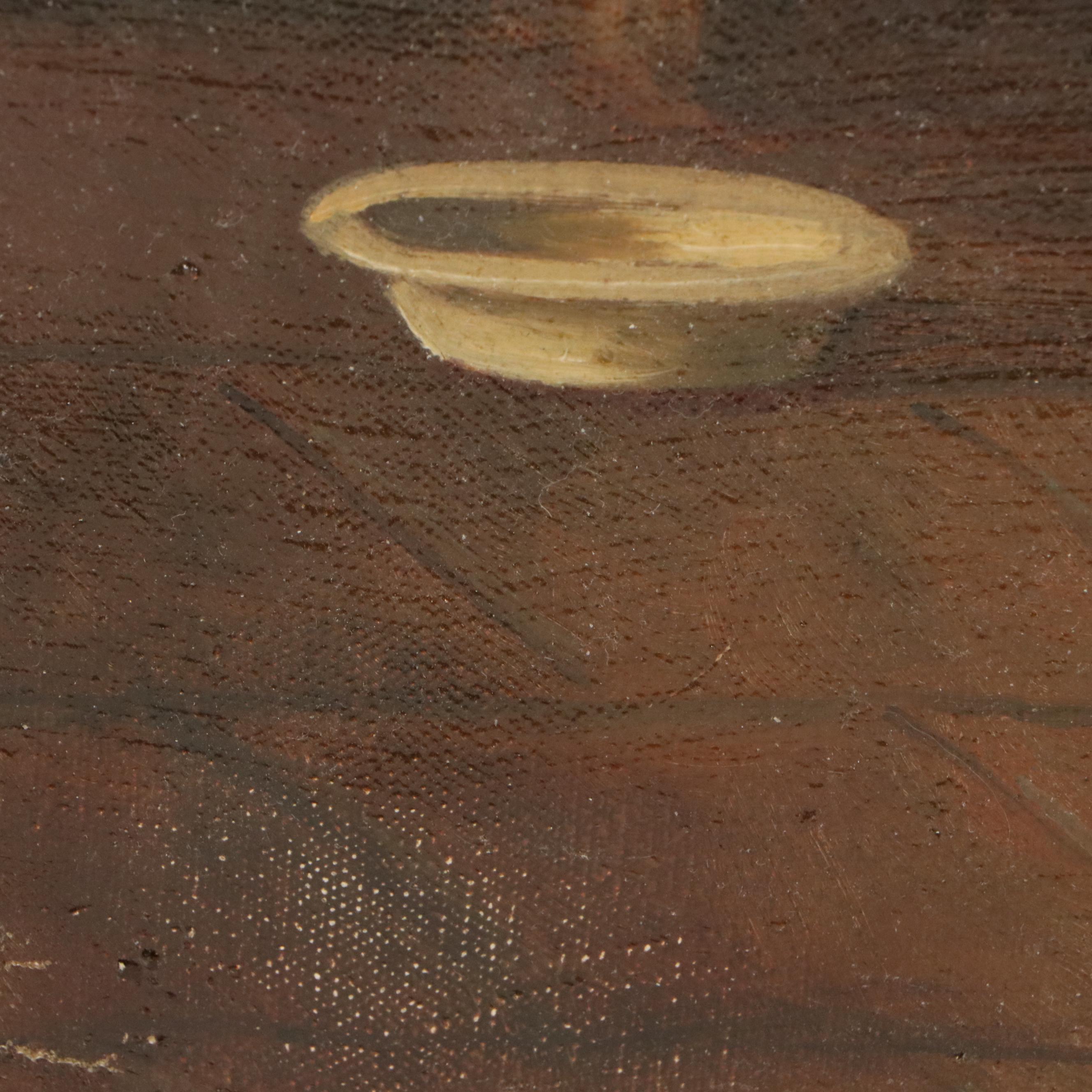 Dutch Kitchen Interior Oil Painting of Woman Stitching, Circa 1885