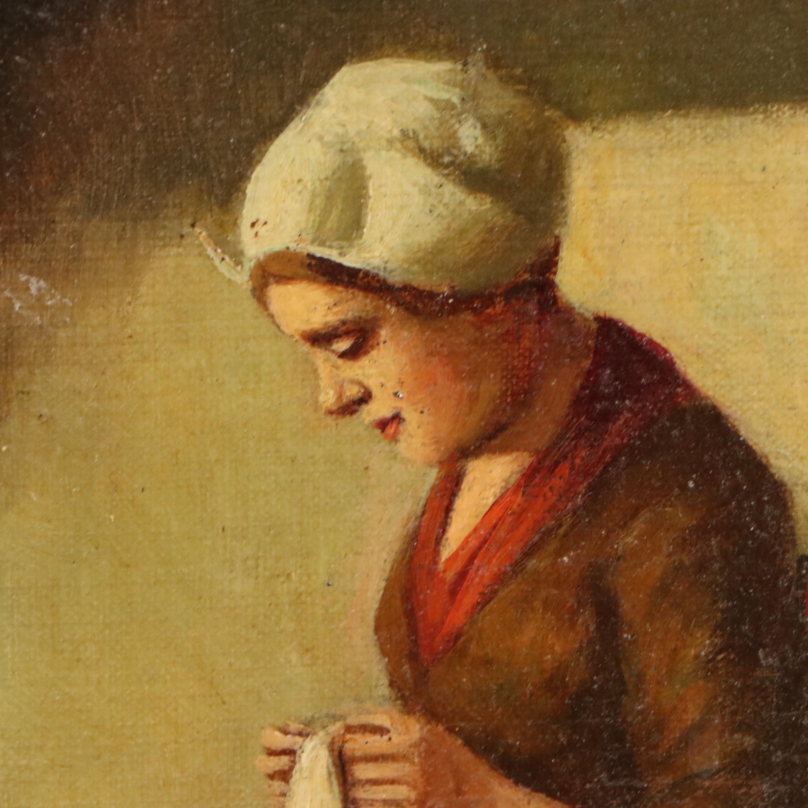 Dutch Kitchen Interior Oil Painting of Woman Stitching, Circa 1885